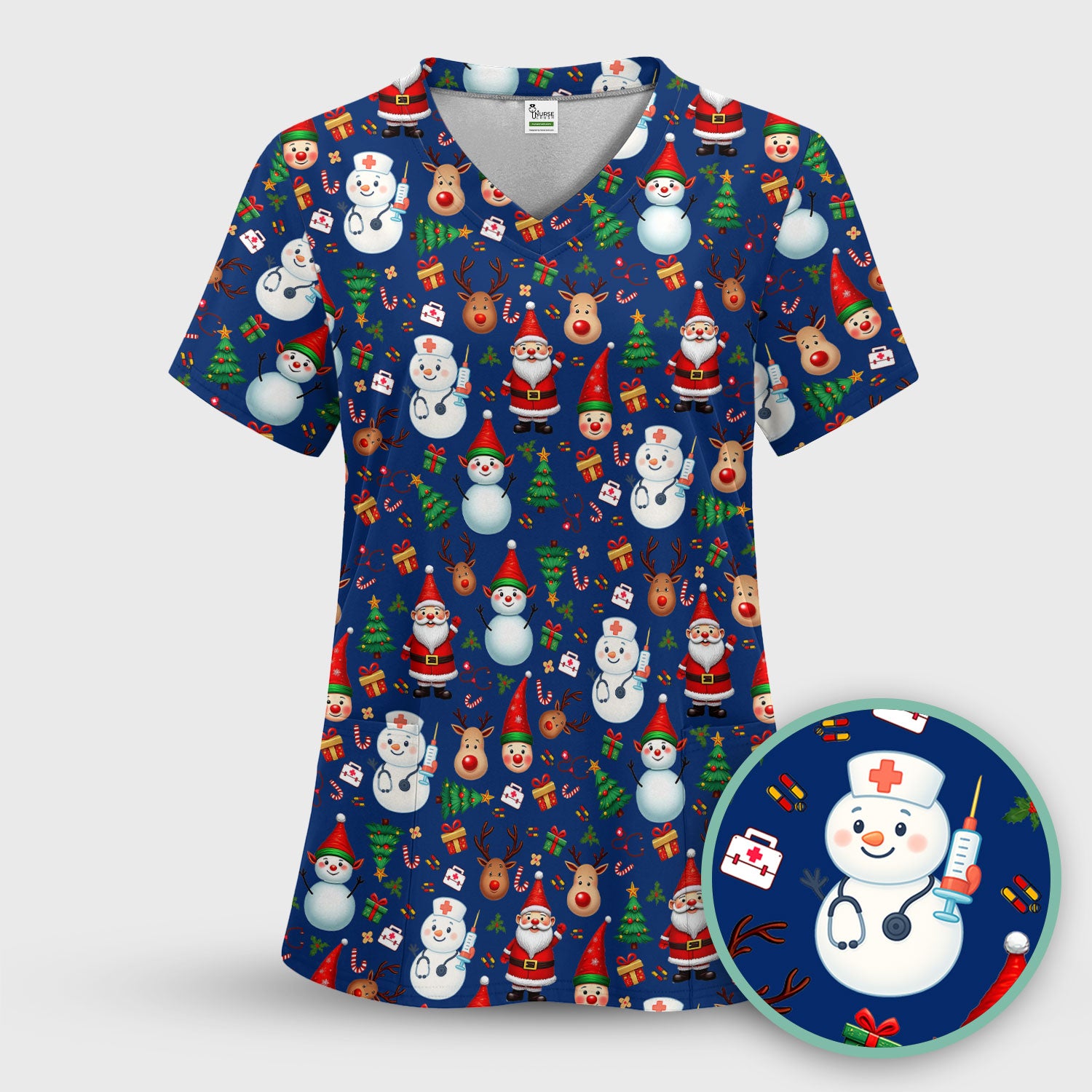Christmas Scrub Top for Nurses - Cute Snowman Reindeer Santa Pattern - Holiday Medical Uniform RN CNA LPN Gift