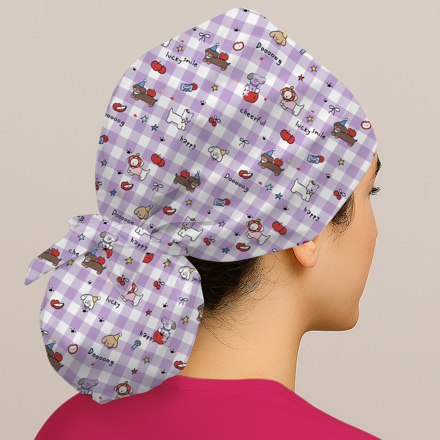 Cute Nurse Cartoon Puppy Apple Gingham Scrub Cap, Surgical Caps for Doctors