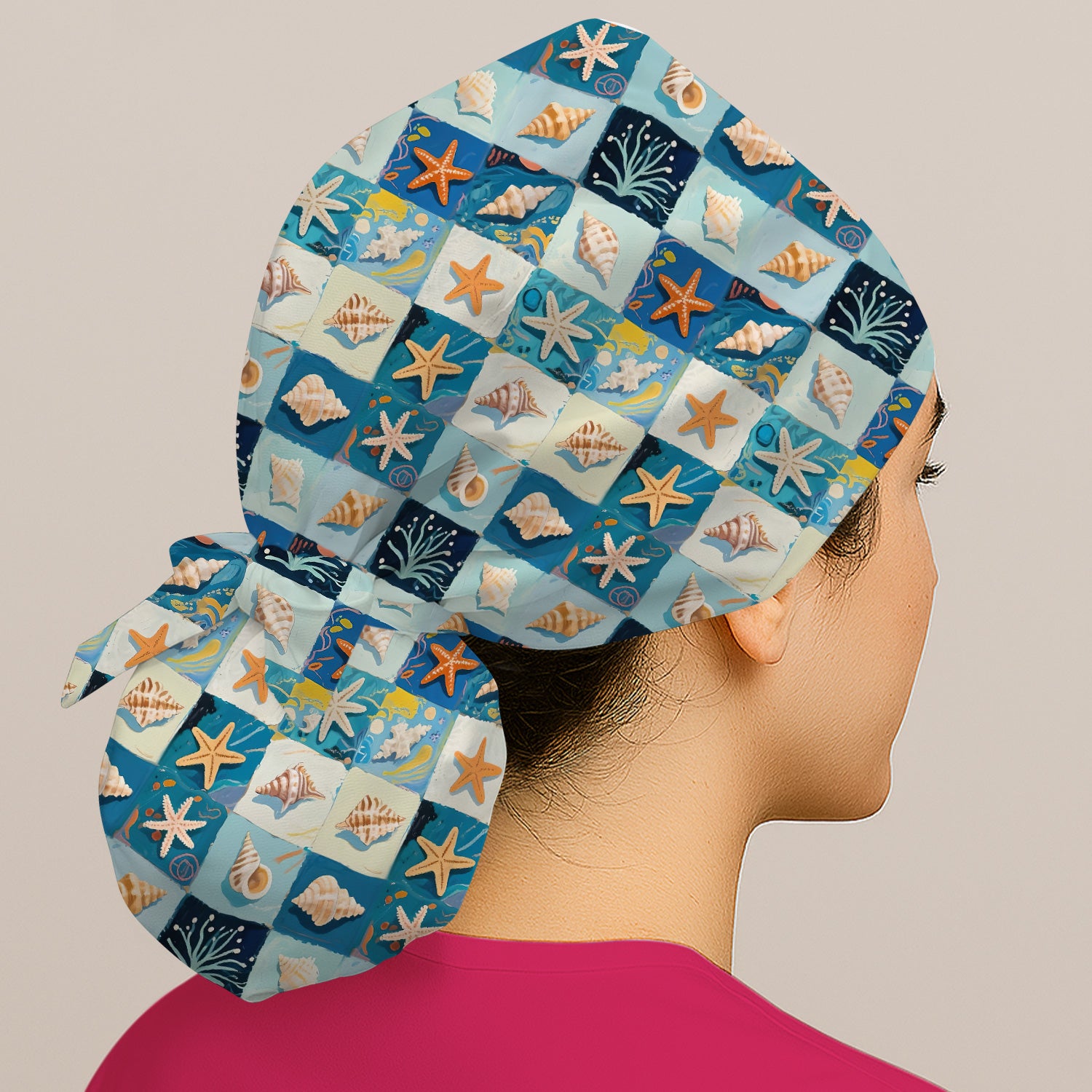 Cute Seashell Starfish Ocean Tile Pattern Nurse Scrub Cap, Surgical Caps for Doctors