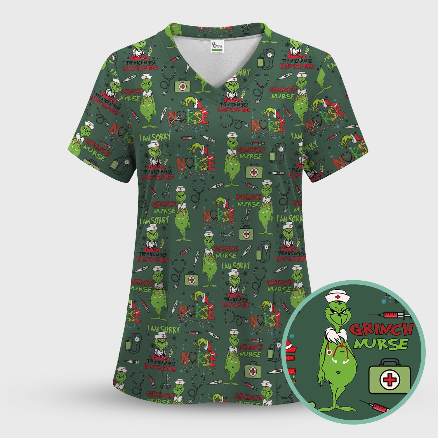 Personalized Funny Grinch Nurse Scrub Top - Christmas Medical Uniform for Nurse - Holiday RN LPN CNA Gift