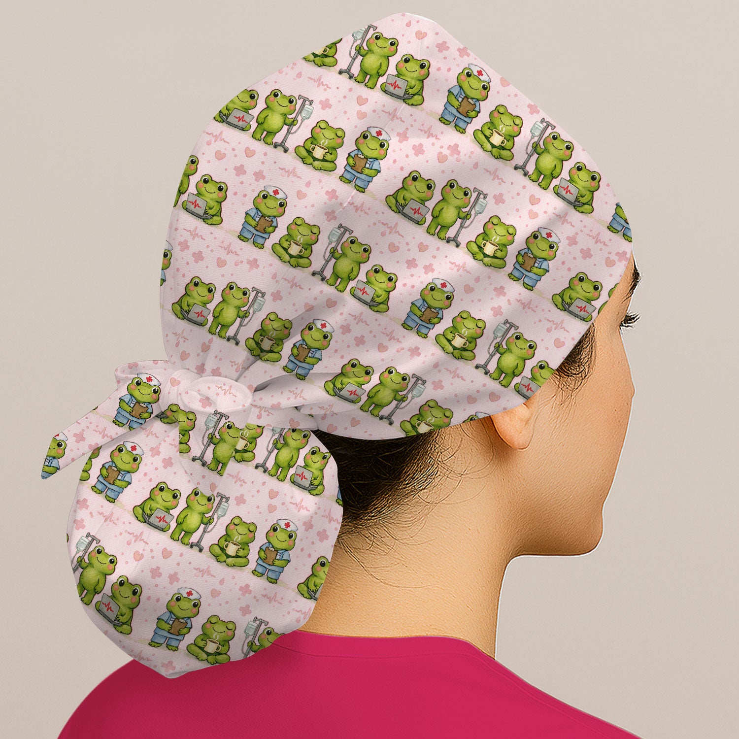 Adorable Frog Nurse Various Poses Print Bouffant Cap, Surgical Caps for Doctors