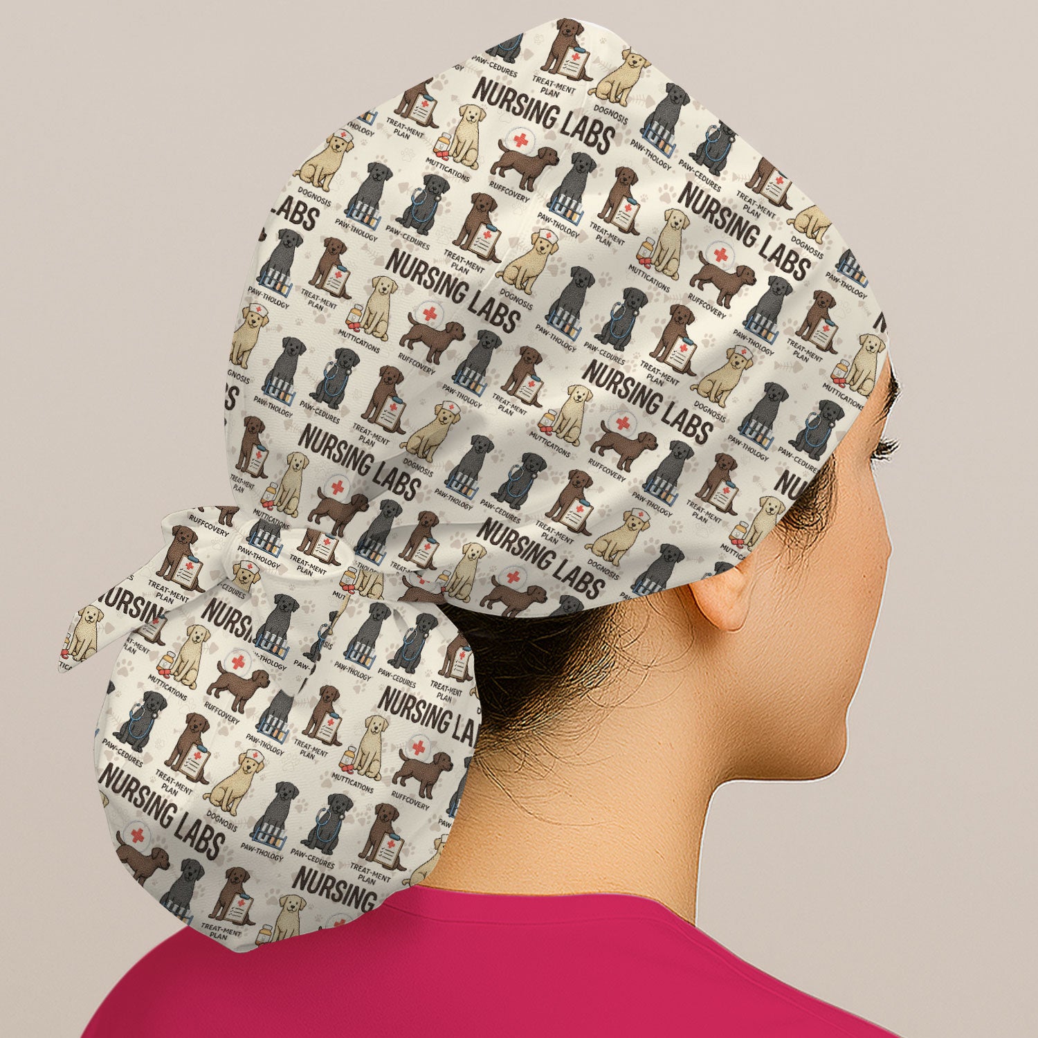 Playful Nursing Labs Dog Pattern Cap, Bouffant Scrub Caps for Women