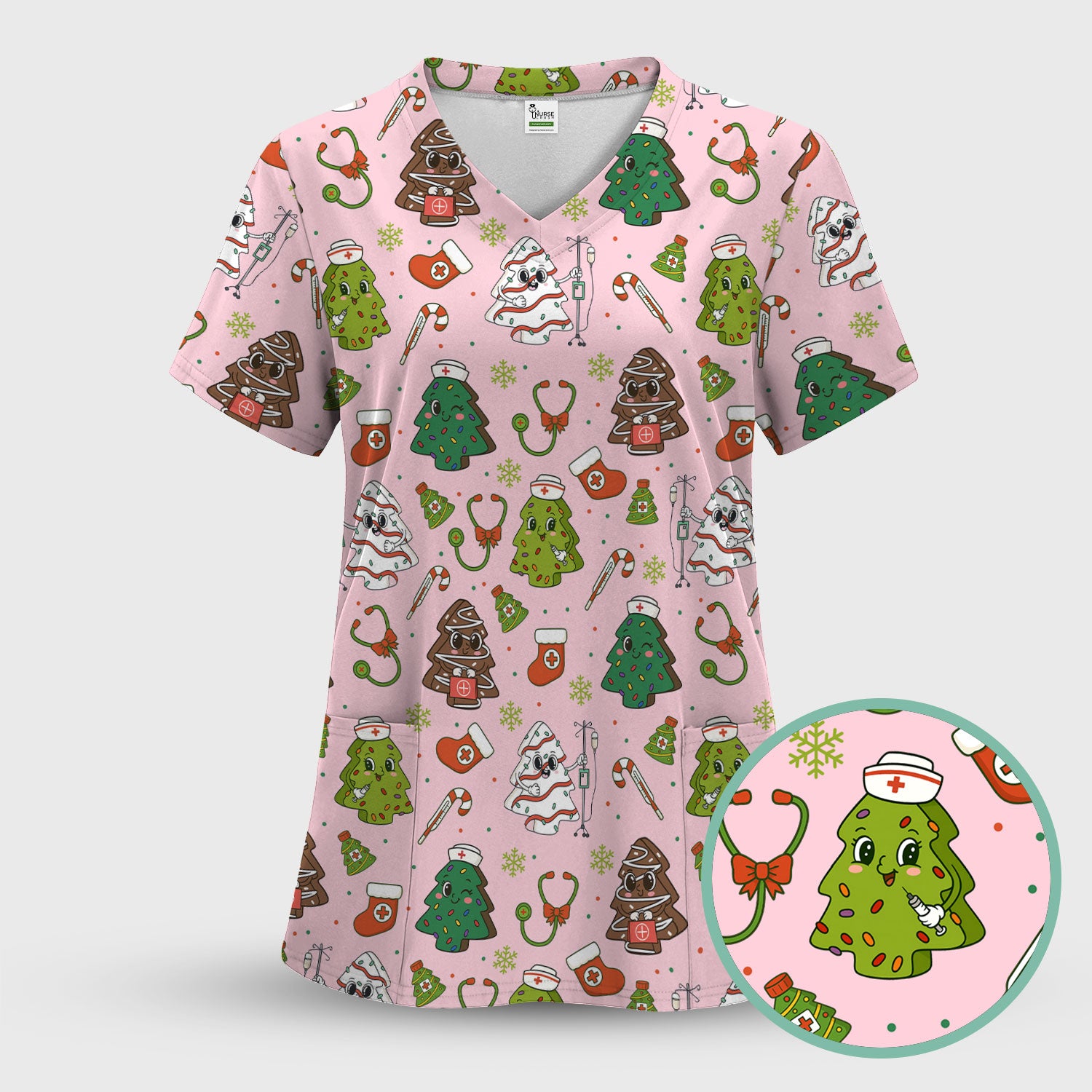 Funny Christmas Tree Nurse Scrub Top - Cute Holiday Pattern Nursing Shirt for Women - Festive Medical Gift for RN LPN CNA