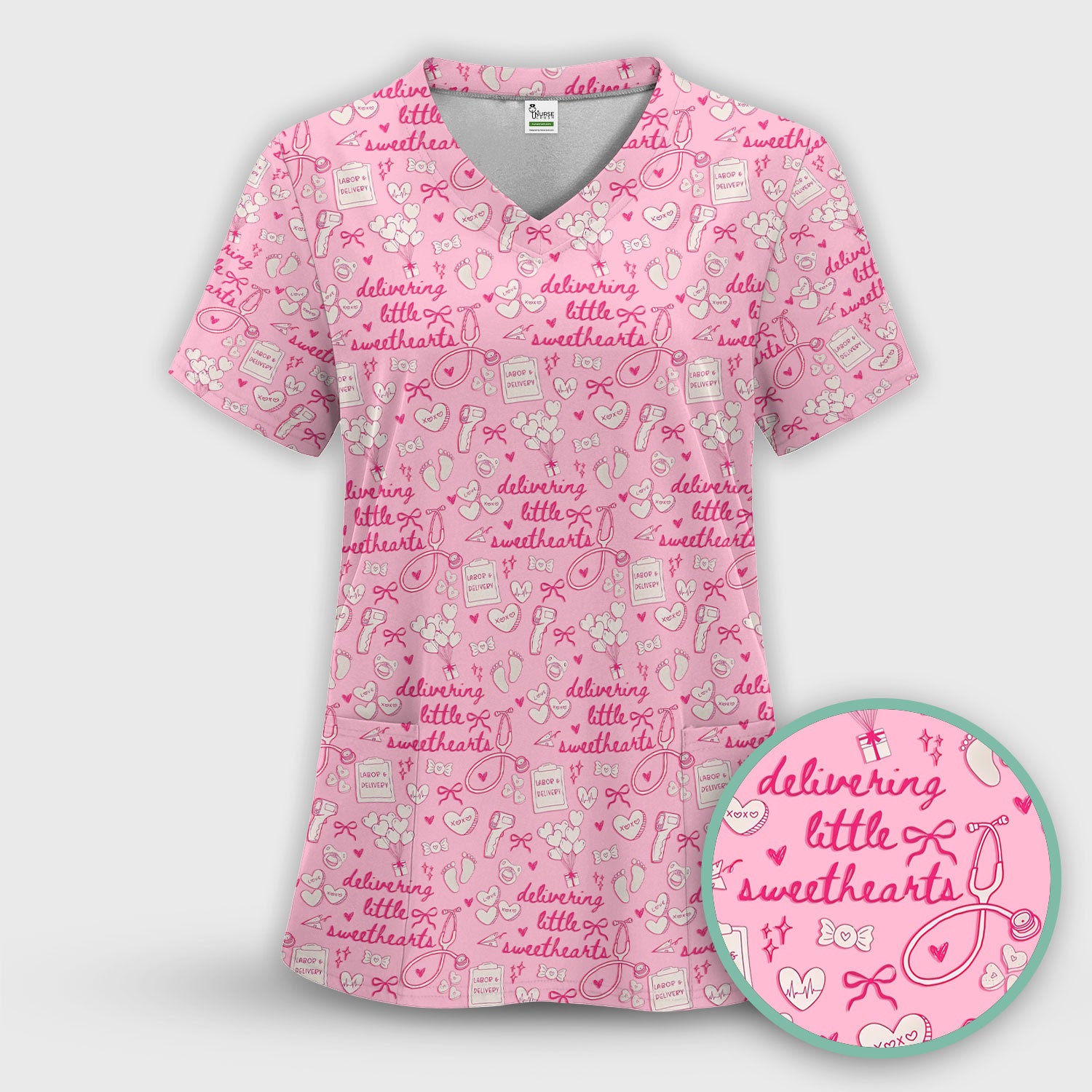 Valentine Labor And Delivery Scrub Top, XOXO Pattern Scrub Shirt, Breathable Fabrics Nursing Uniform For Women
