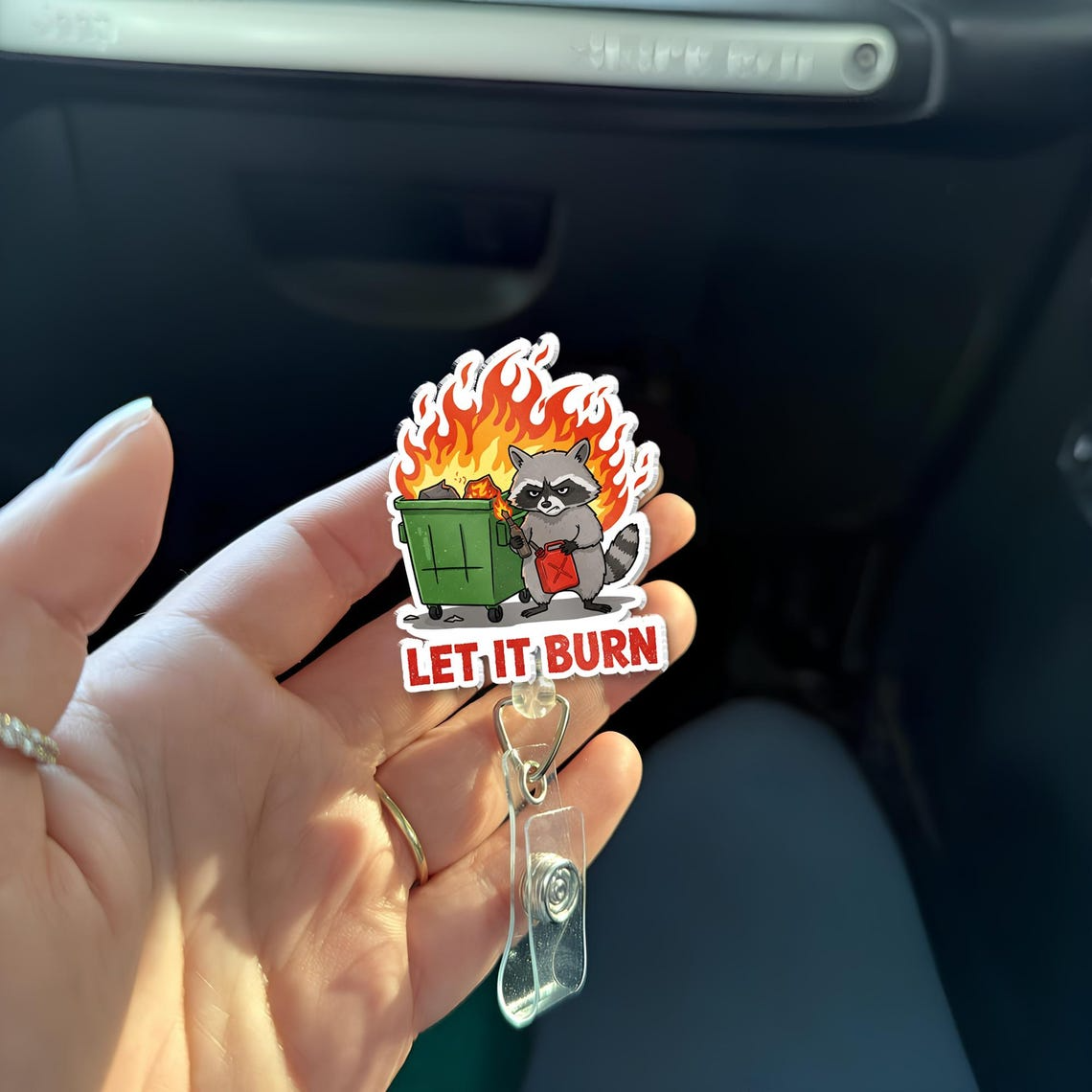 Funny Raccoon Badge Reel, Let It Burn Dumpster Fire ID Holder, Gift for RN LPN CNA ER
