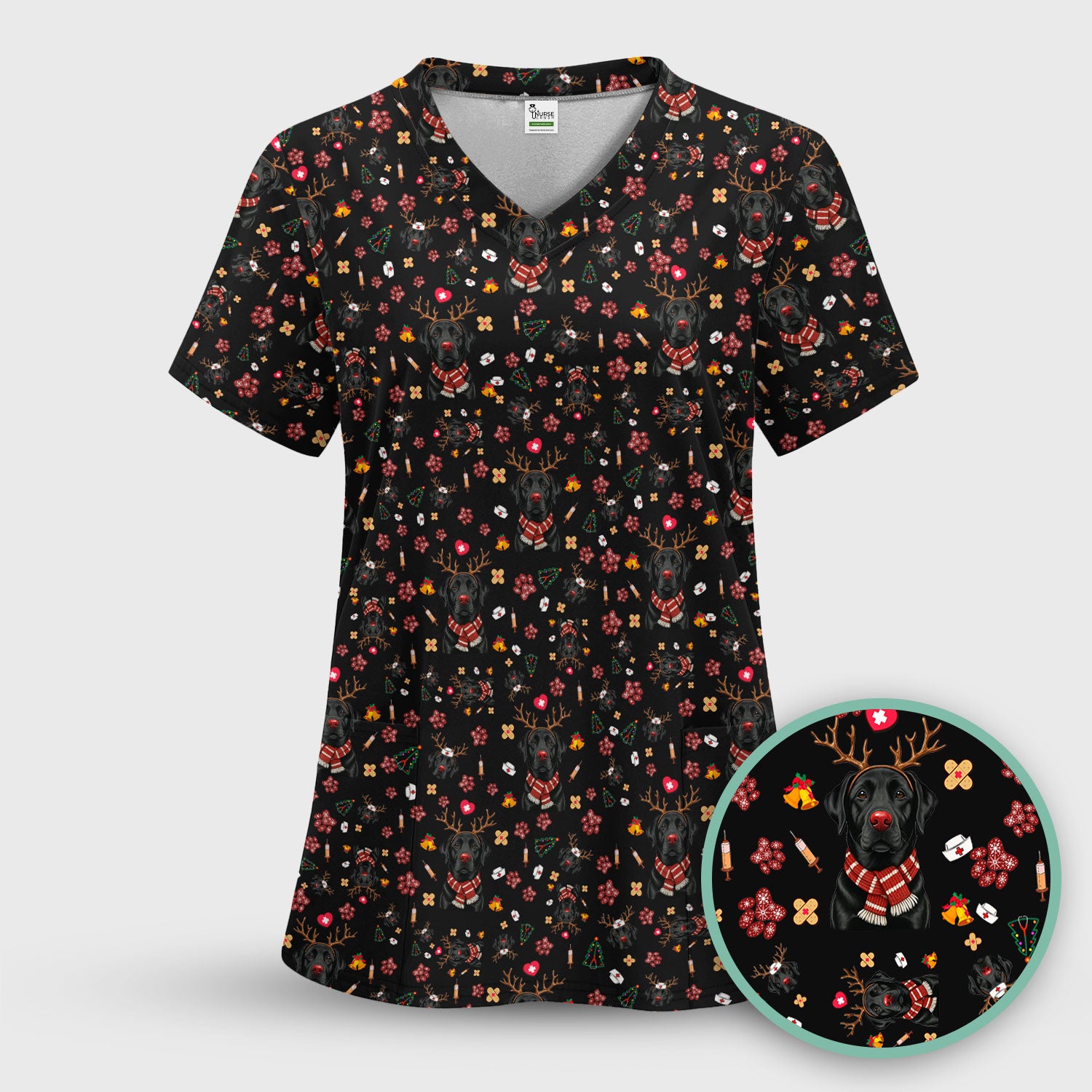 Funny Black Lab Reindeer Scrub Top - Christmas Dog Nurse Shirt - Cute Holiday Medical Uniform Gift for RN LPN CNA