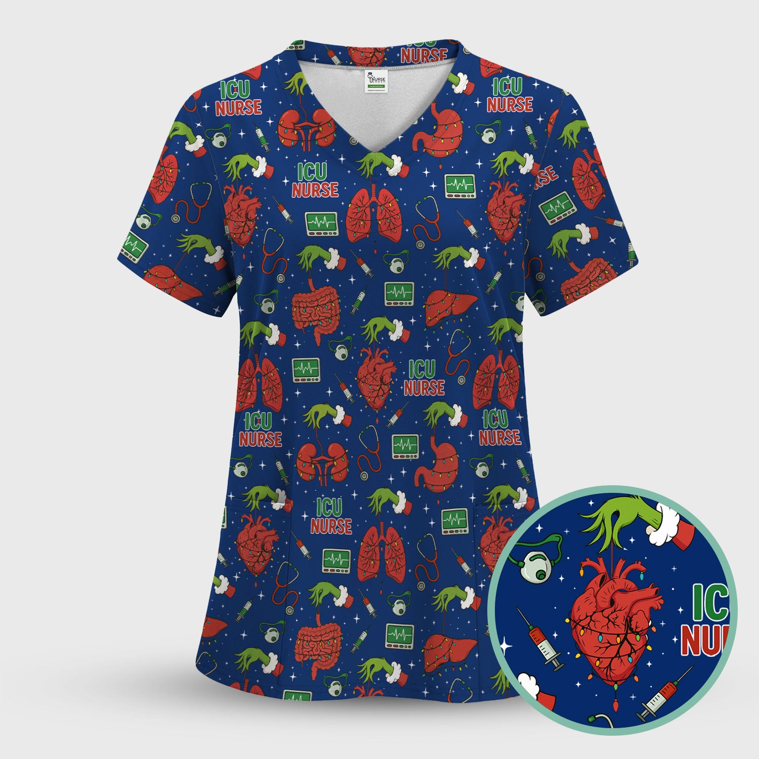 Christmas ICU Nurse Scrub Top - Funny Heart Anatomy Pattern - Holiday Nursing Shirt Gift for RN LPN CNA