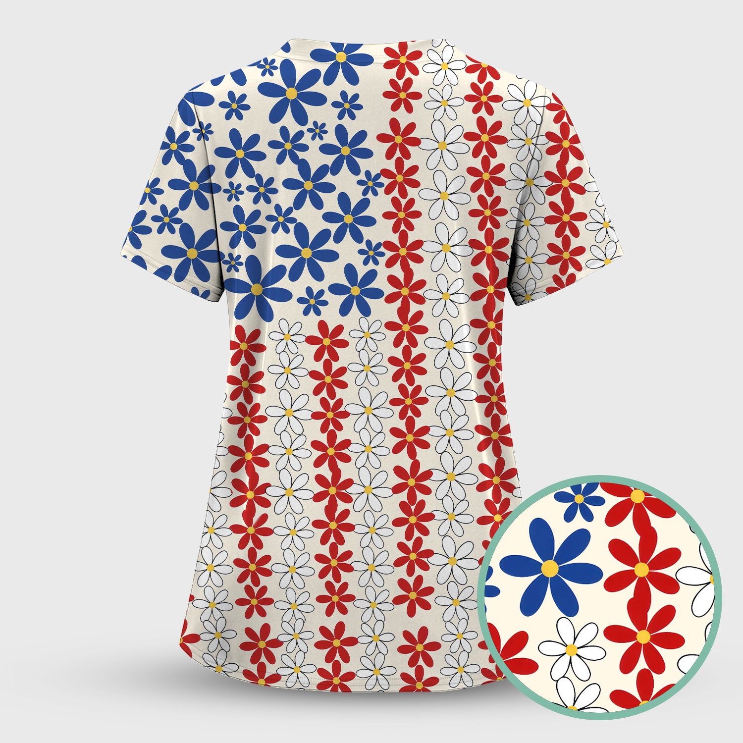 Retro Red Blue Daisy Stripe Pattern Scrub Top, Breathable Fabrics Nursing Uniform