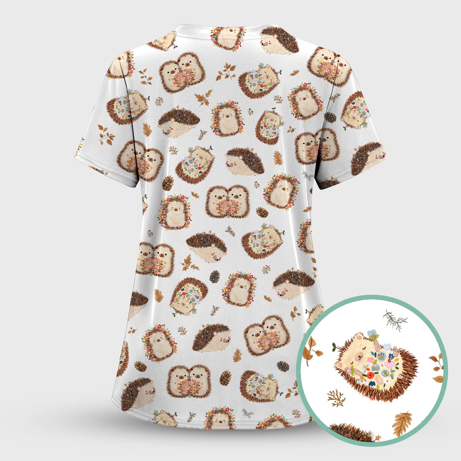Cute Hedgehog Floral Scrub Set, Breathable Med Uniform