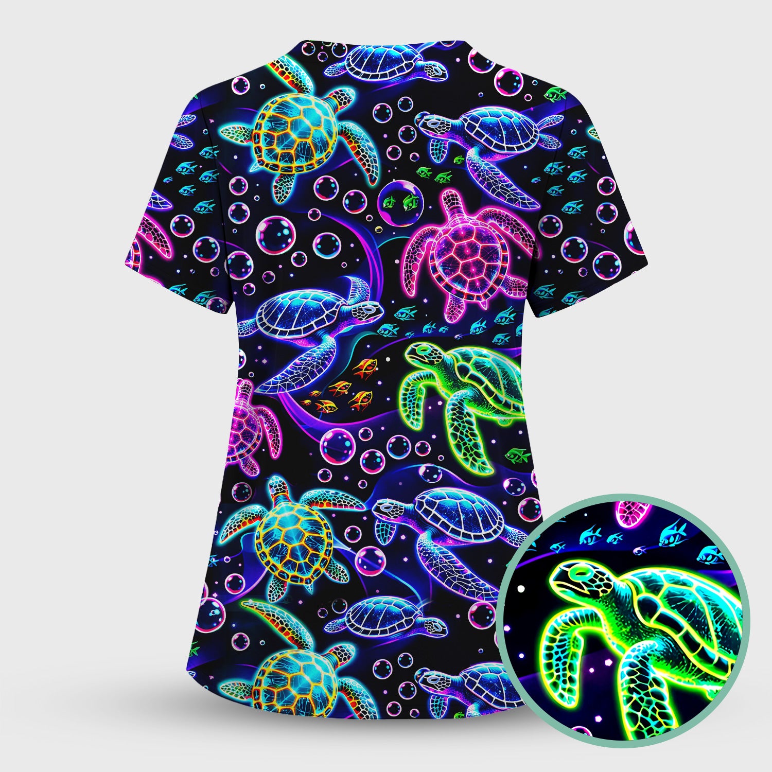 Neon Sea Turtle Swimming Bubble Ocean Scrub Top, Breathable Fabrics Nursing Uniform
