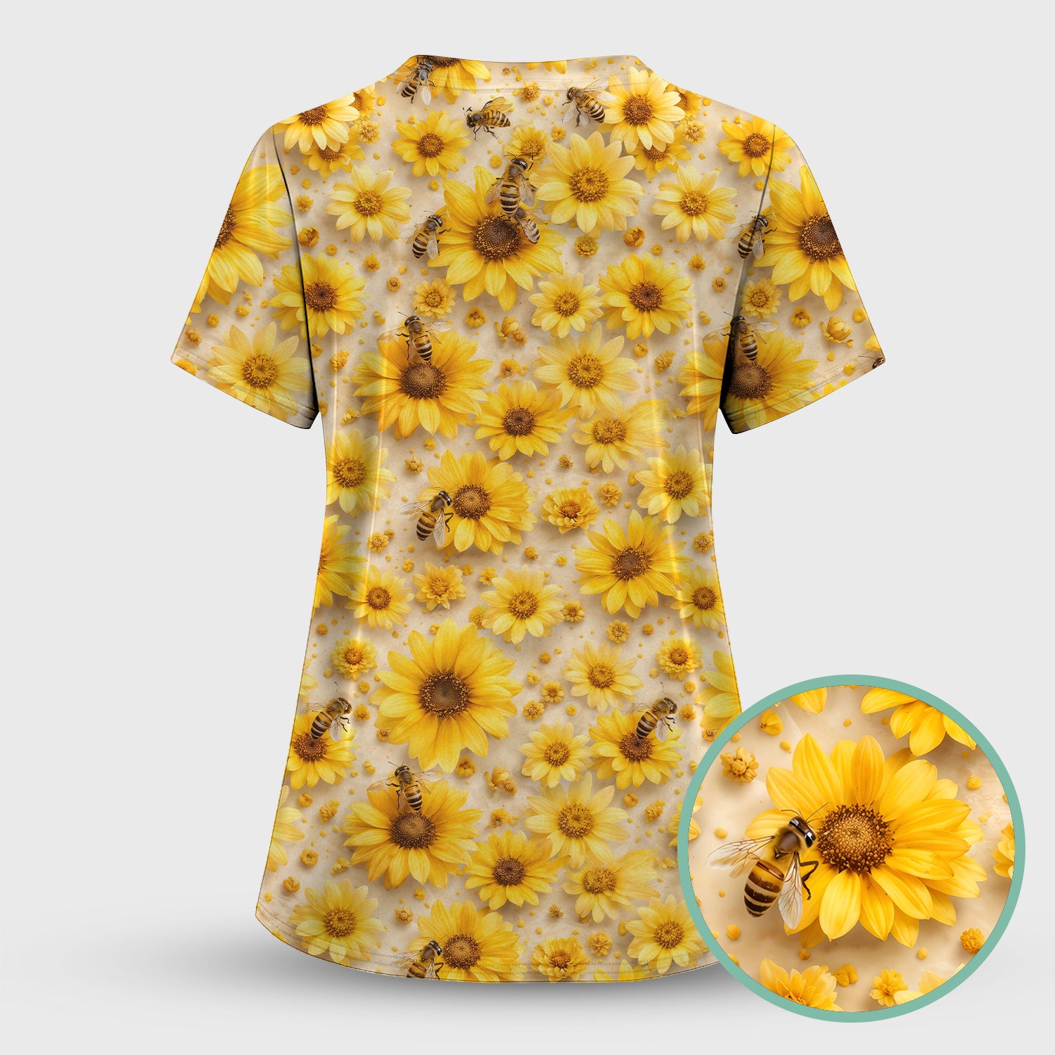 Yellow Sunflower Bee Garden Bloom Pattern Scrub Top, Breathable Fabrics Nursing Uniform