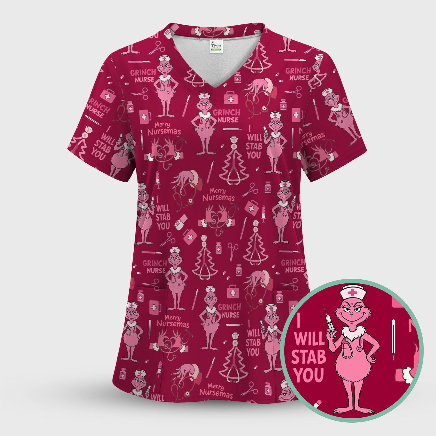 Funny Grinch Nurse Scrub Top - Merry Nursemas Shirt for Women - Multiple Color Options RN LPN CNA Gift