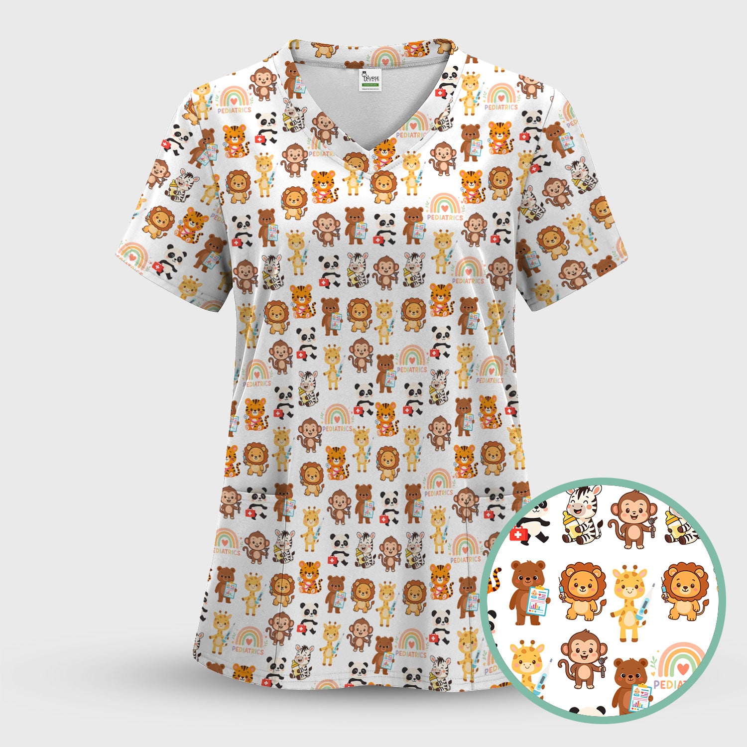 Funny Animal Nurse Scrub - Cute Zoo & Safari Animals Pattern Design - Gift for PEDS RN LPN