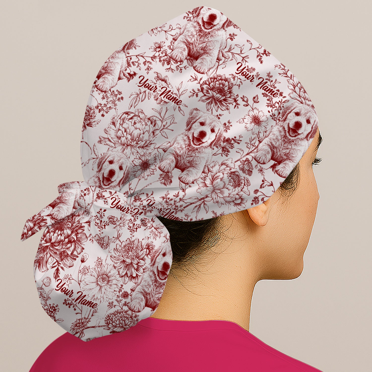 Personalized Custom Pet Photo Name Floral Pattern Scrub Cap, Surgical Caps for Doctors