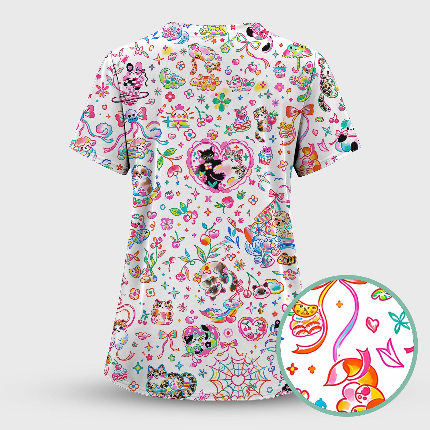Colorful Kawaii Cat Heart Doodle Pattern Scrub Top, Comfortable Scrubs for Nurses