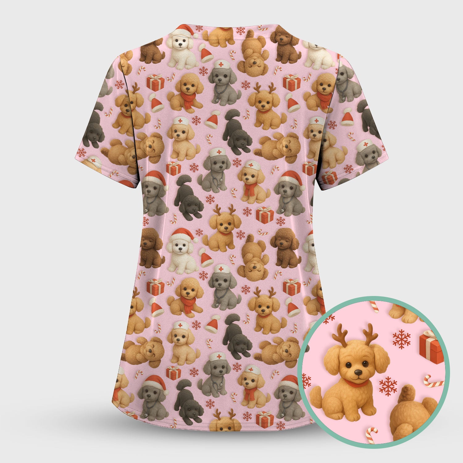 Christmas Poodle Scrubs Set for Women - Cute Dog Pattern Scrub Top & Pants - Festive Holiday Christmas Scrubs with Adorable Poodle Design