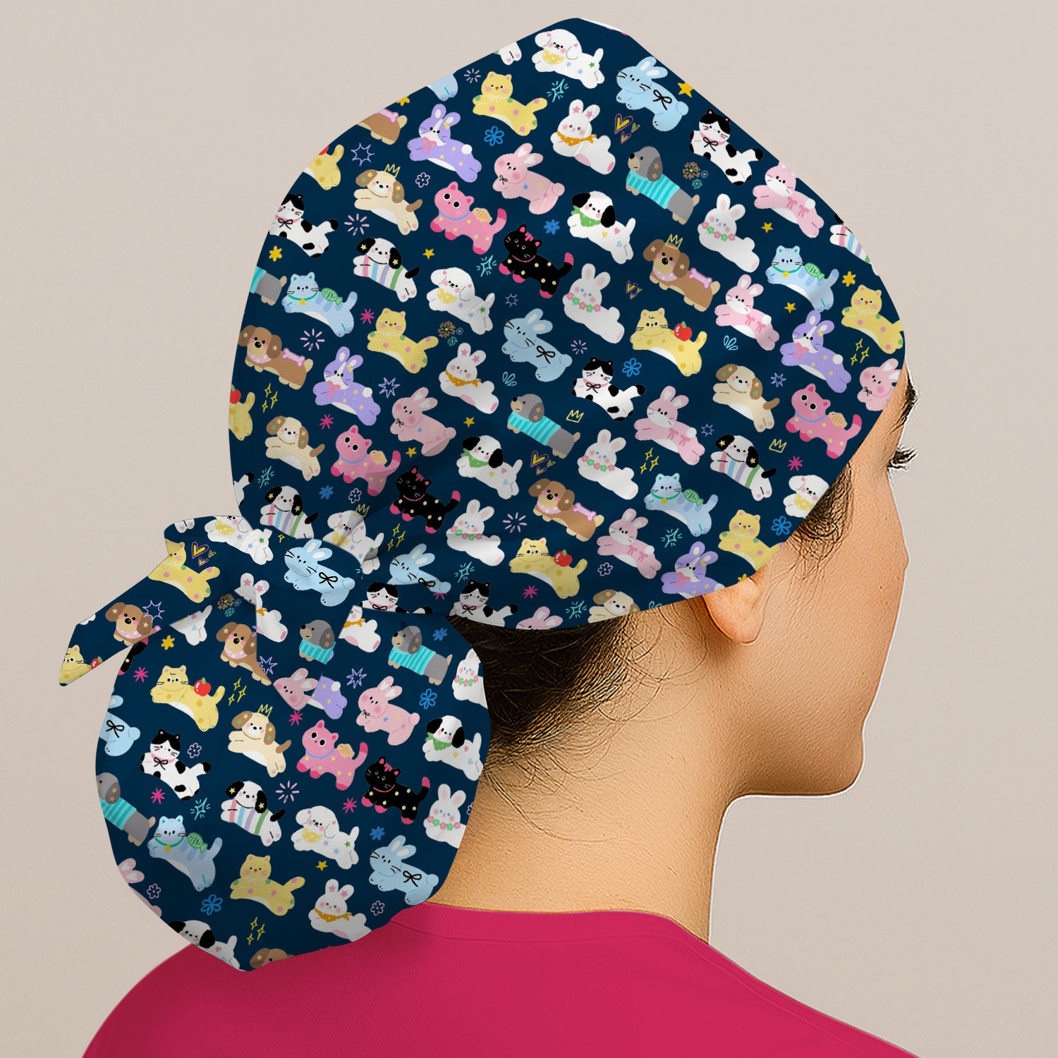 Cute Kawaii Animal Pattern Scrub Cap, Breathable Fabrics Caps Uniform