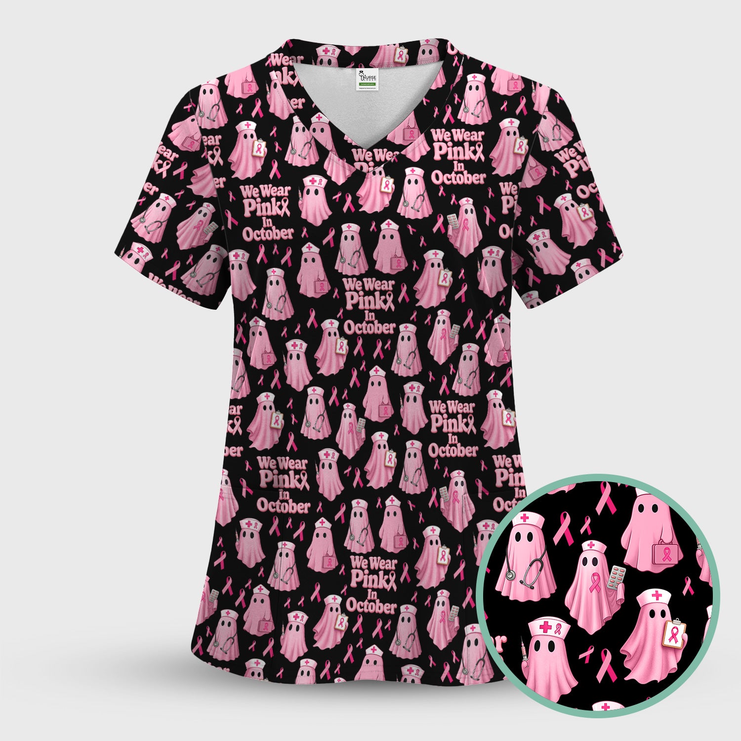 Halloween Breast Cancer Awareness Scrub - We Wear Pink In October & Ghost Nurse Design - October Gift for RN LPN CNA