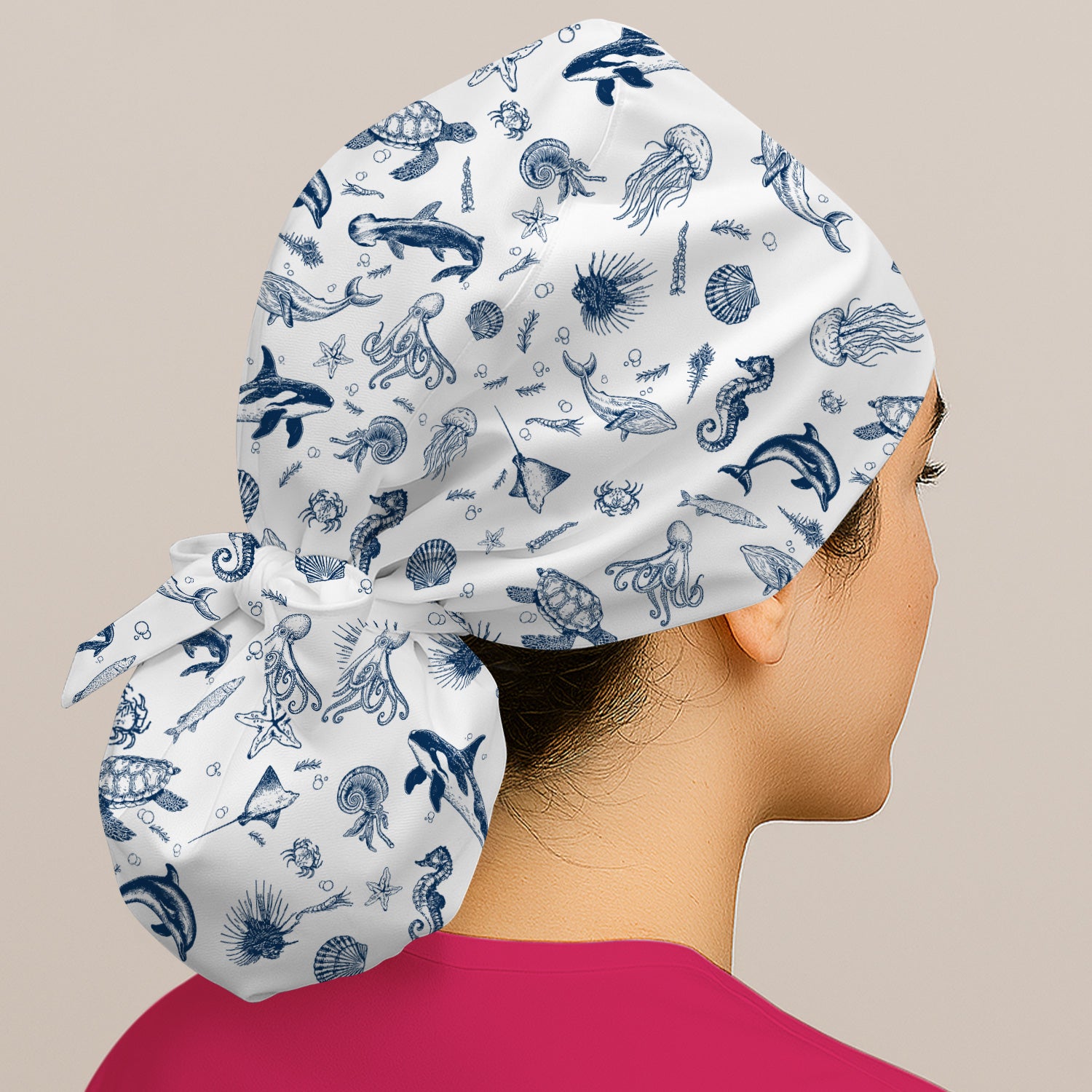 Marine Sea Life Pattern Cap, Bouffant Scrub Caps for Women