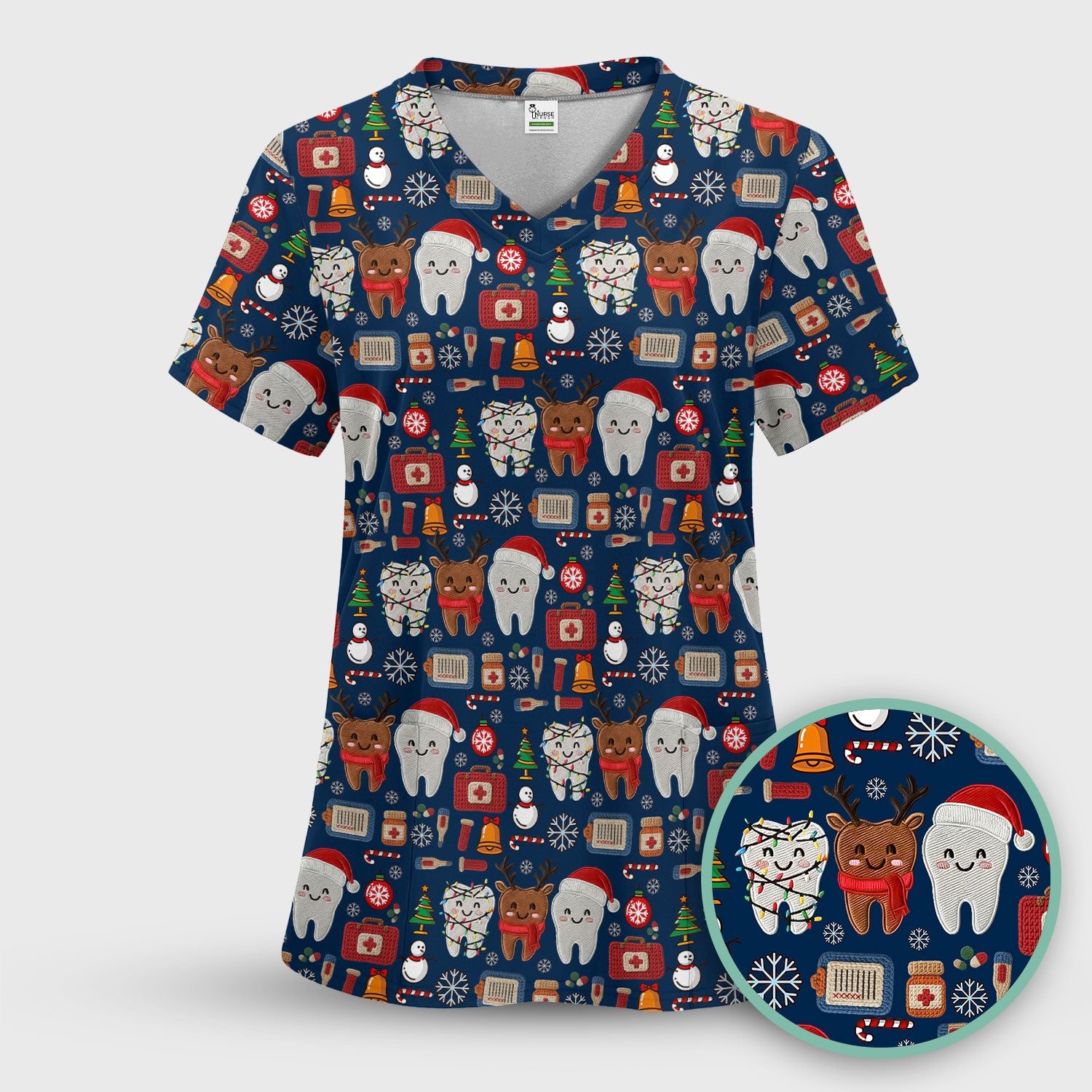 Christmas Dental Scrub Top - Cute Santa & Reindeer Tooth Shirt - Funny Holiday Medical Uniform for Dentists, Hygienists & Nurses