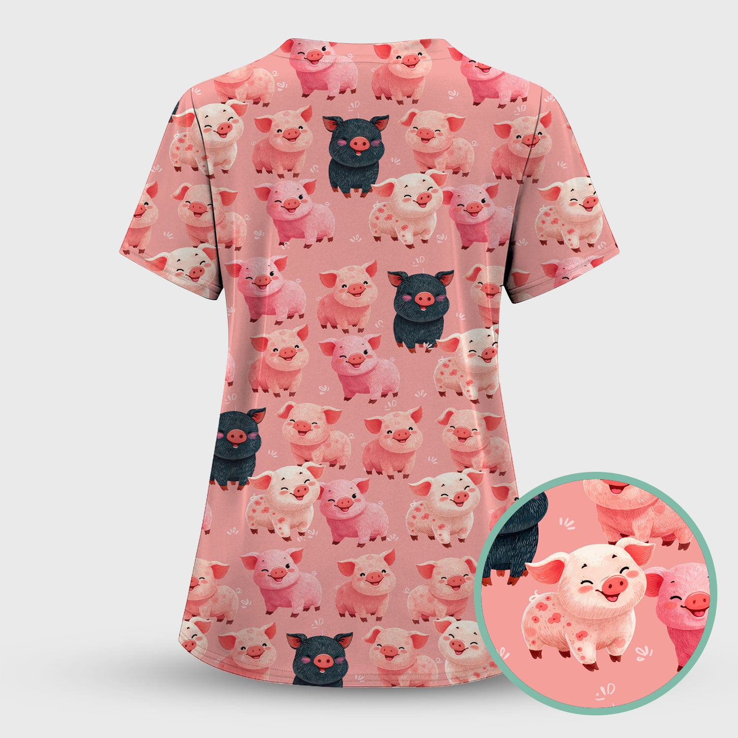 Funny Farm Pig Cartoon Pattern Scrub Set, Nurse Uniform Scrubs Set