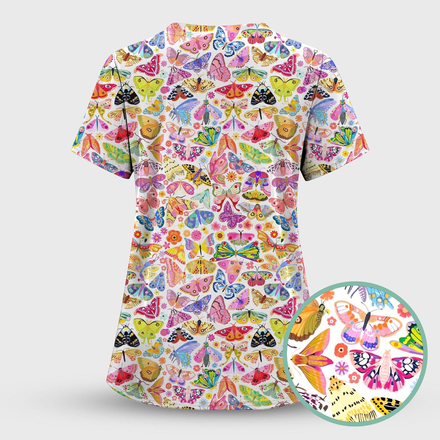 Cute Bright Butterfly Moth Floral Scrub Top, Breathable Fabrics Nursing Uniform