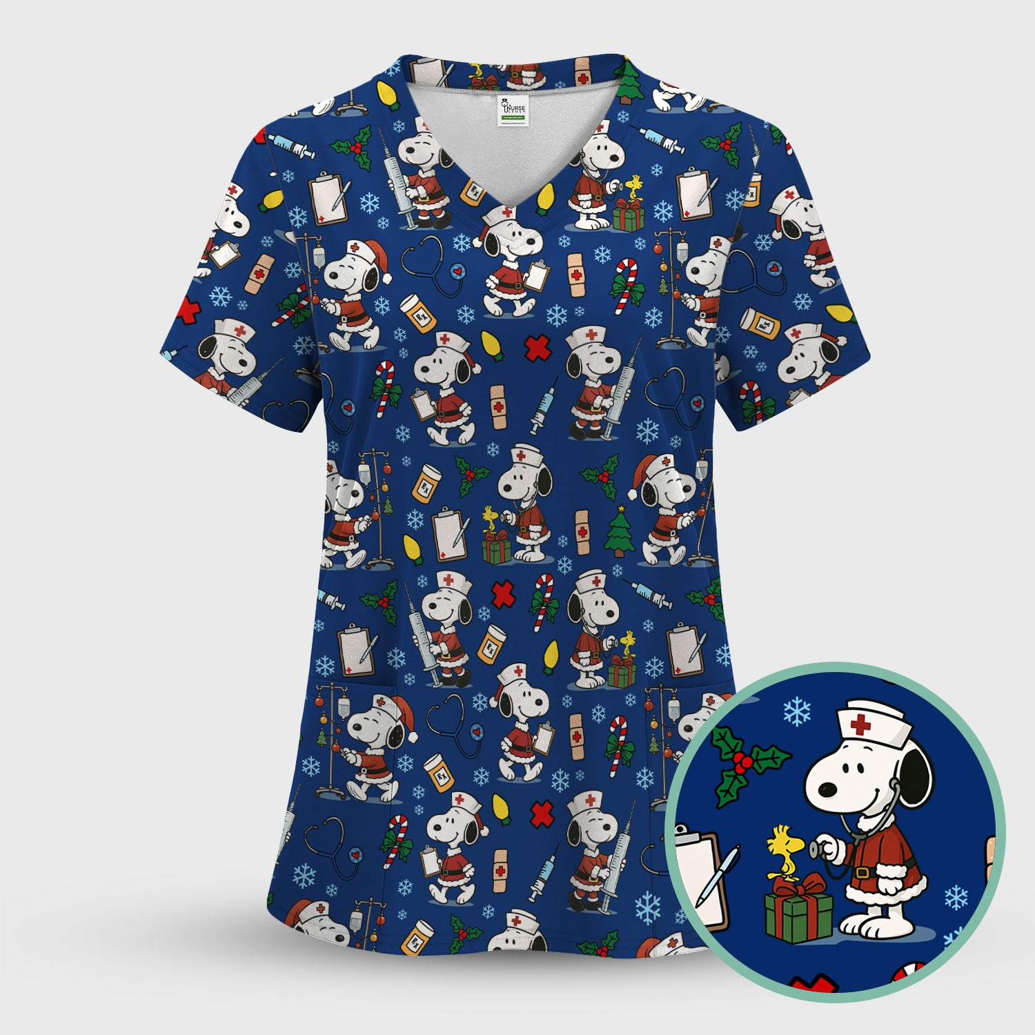 Snoopy Christmas Nurse Scrub Shirt - Cute Holiday Scrub Top Multi Colors - Funny Nursing Work Shirt with Pockets