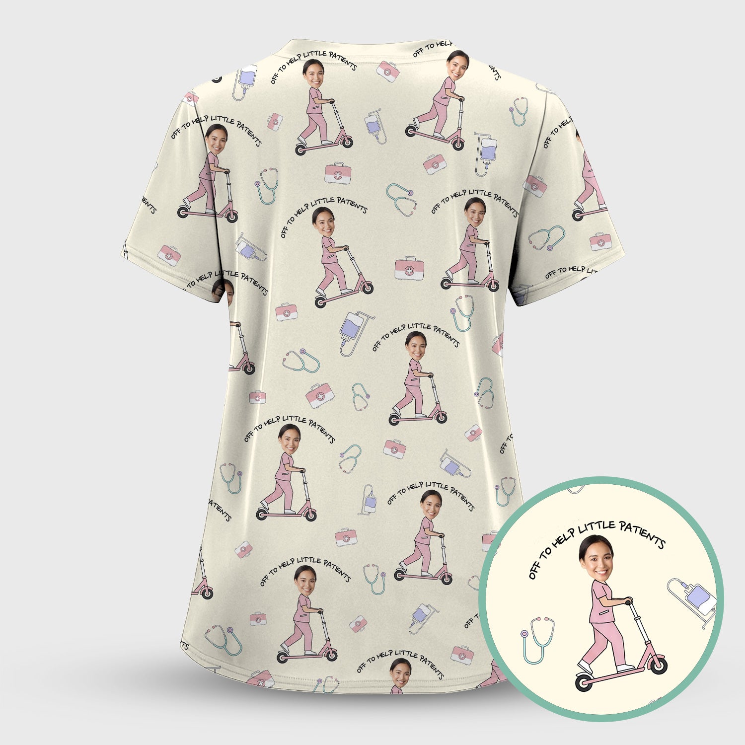 Custom Face Pediatric Nurse Scooter Pattern Scrub Set, Scrub Pants and V Neck Top