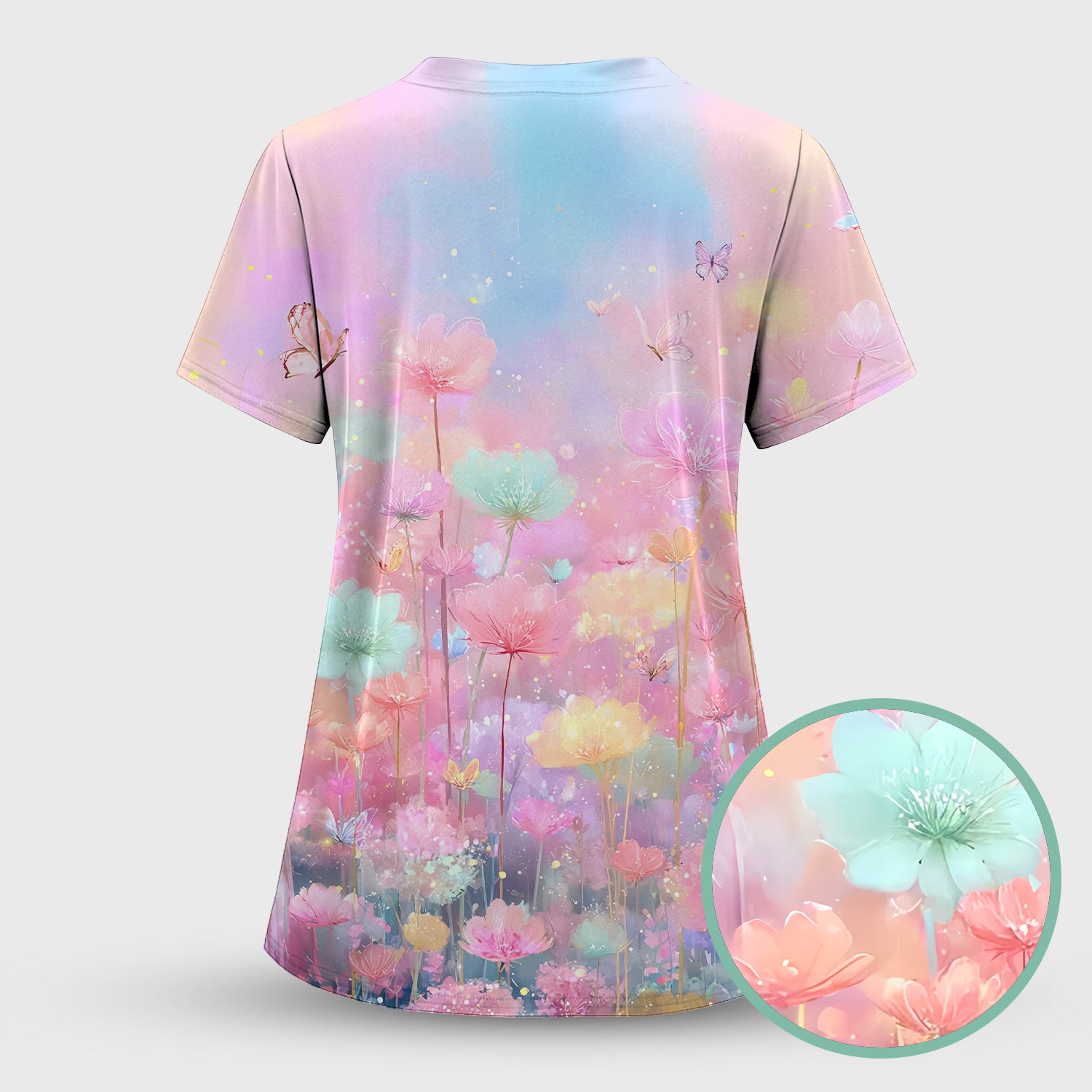 Dreamy Pastel Watercolor Floral Garden Scrub Top, Breathable Fabrics Nursing Uniform