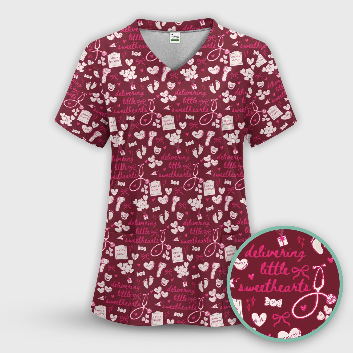 Valentine Labor And Delivery Scrub Top, XOXO Pattern Scrub Shirt, Breathable Fabrics Nursing Uniform For Women