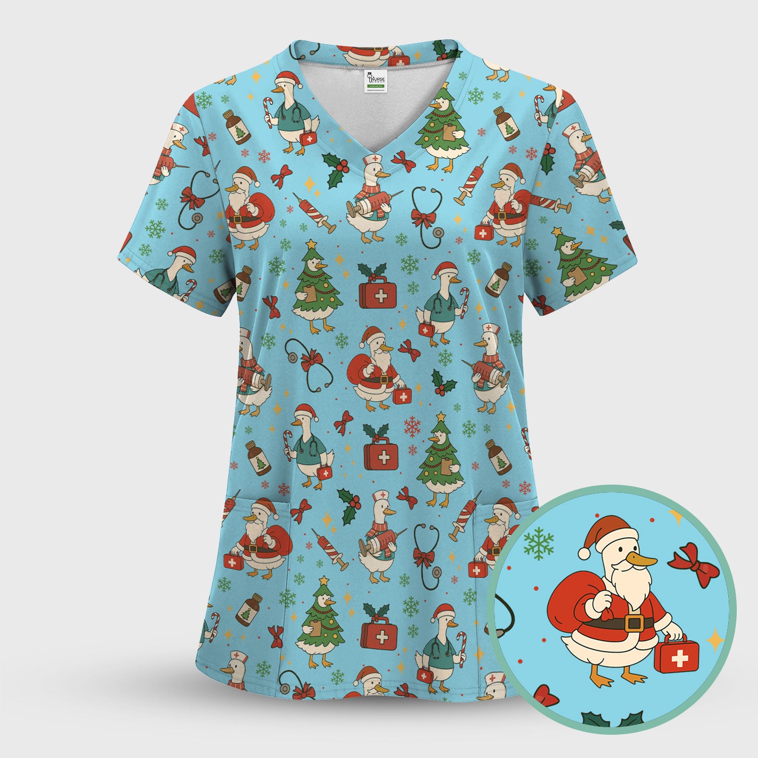 Funny Christmas Duck Nurse Scrub Top - Cute Santa Pattern Holiday Shirt for Women - Festive Nursing Outfit Gift for RN LPN CNA