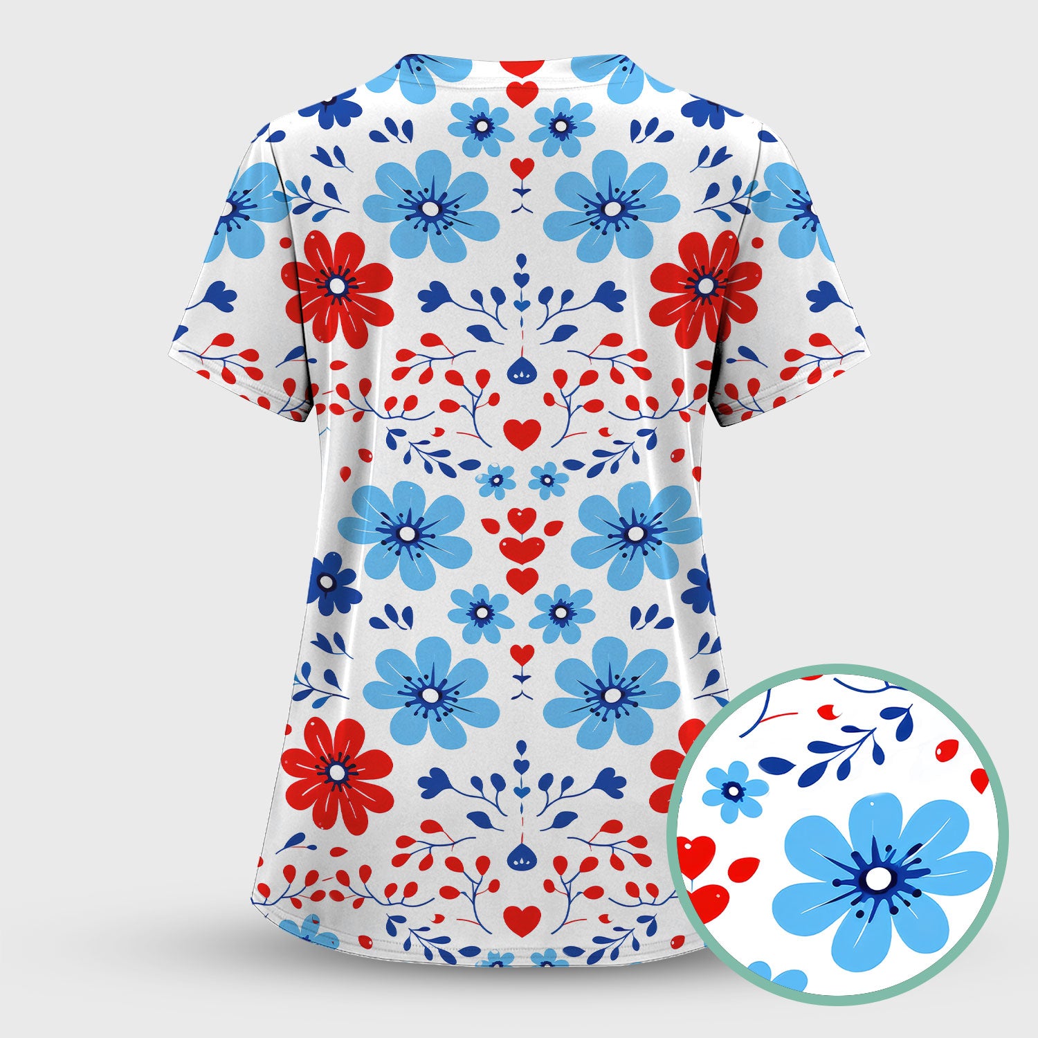 Symmetrical Folk Floral Heart Pattern Scrub Top, Breathable Fabrics Nursing Uniform