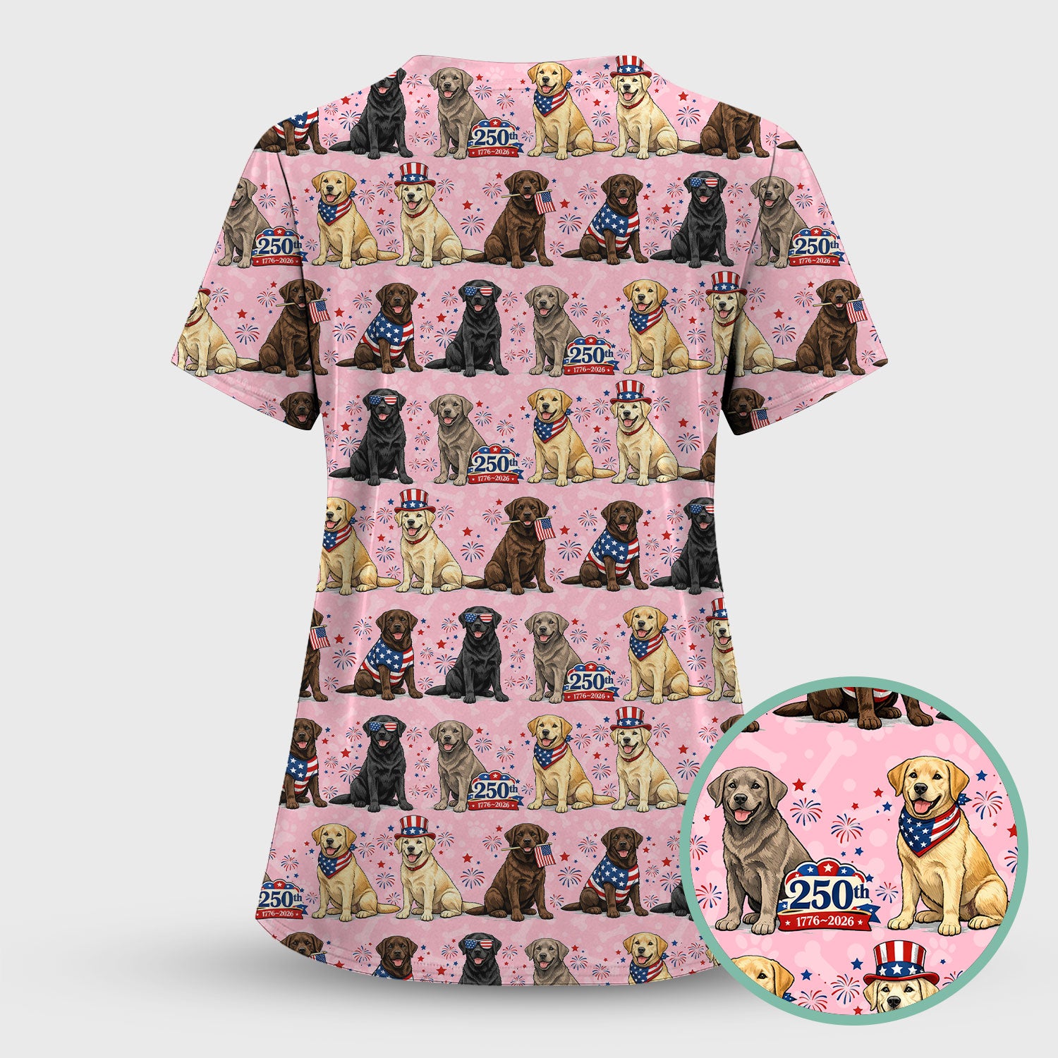 4th of July Labrador Dog Patriotic Print Scrub Set, Scrub Pants and V Neck Top