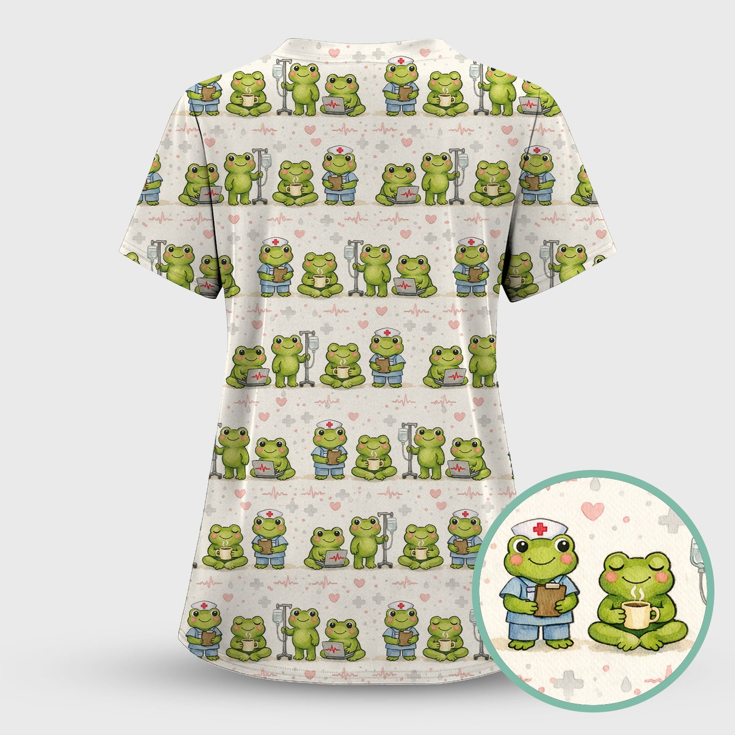 Adorable Frog Nurse Various Poses Print Scrub Top, Comfortable Scrubs for Nurses