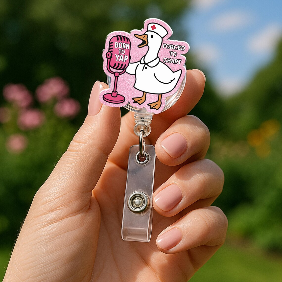 Funny Silly Goose Nurse Badge Reel, Born to Yap Forced to Chart ID Holder Gift for RN LPN CNA ER