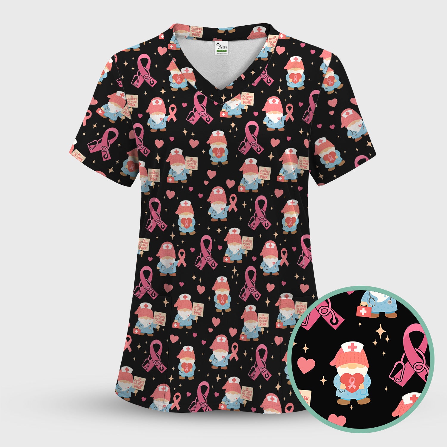 Breast Cancer Awareness Nurse Scrub - Pink Ribbon Nursing Top with Gnome - Gift for Healthcare Workers RN LPN