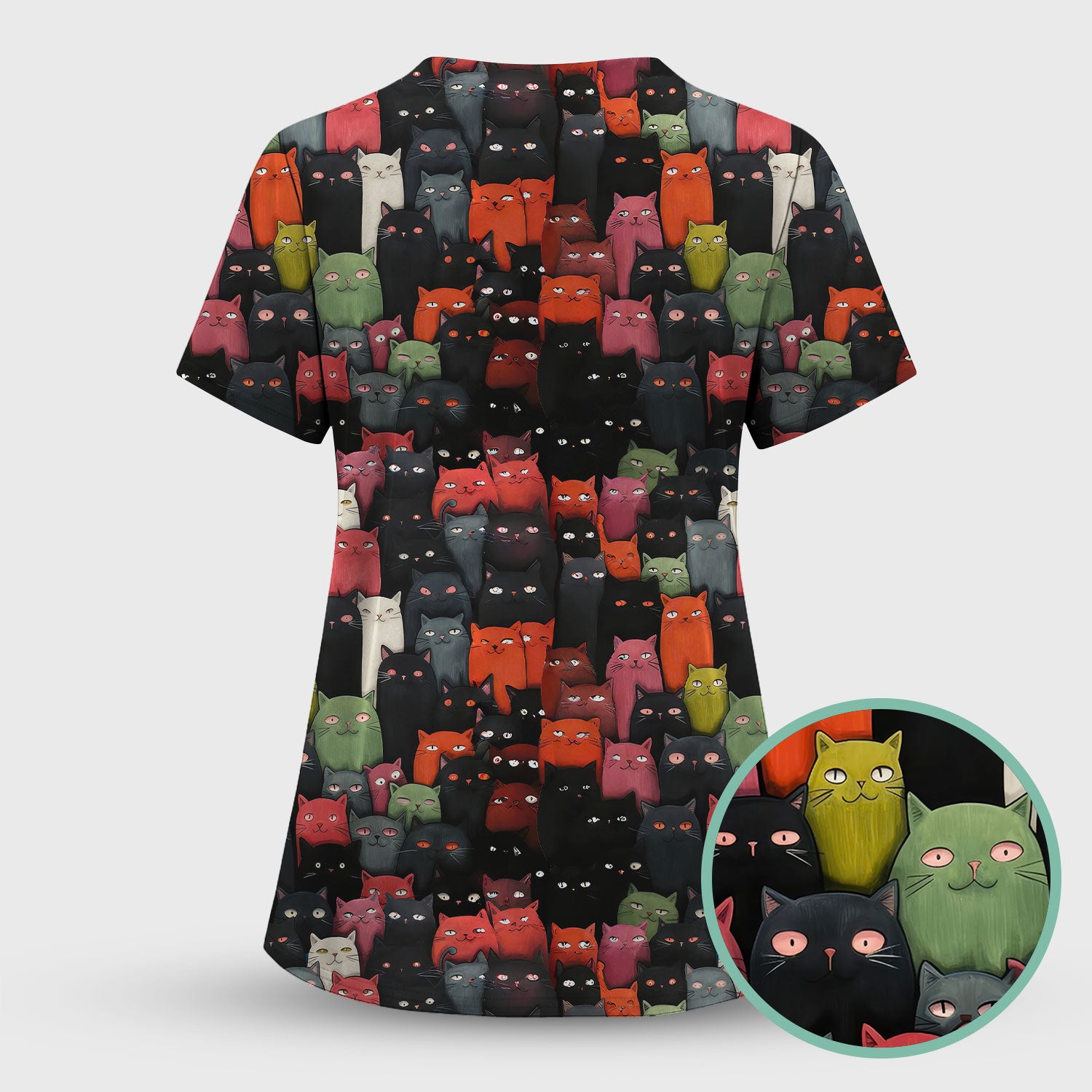 Cat Pattern Nurse Scrub Top, Artistic Cat Nurses Shirt For Women, Breathable Fabrics Nursing Uniform