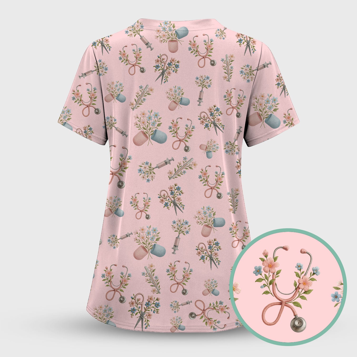 Floral Medical Scrub Set, Elegant Stethoscope With Flower Nursing Shirt, Breathable Fabrics Nurse Uniform