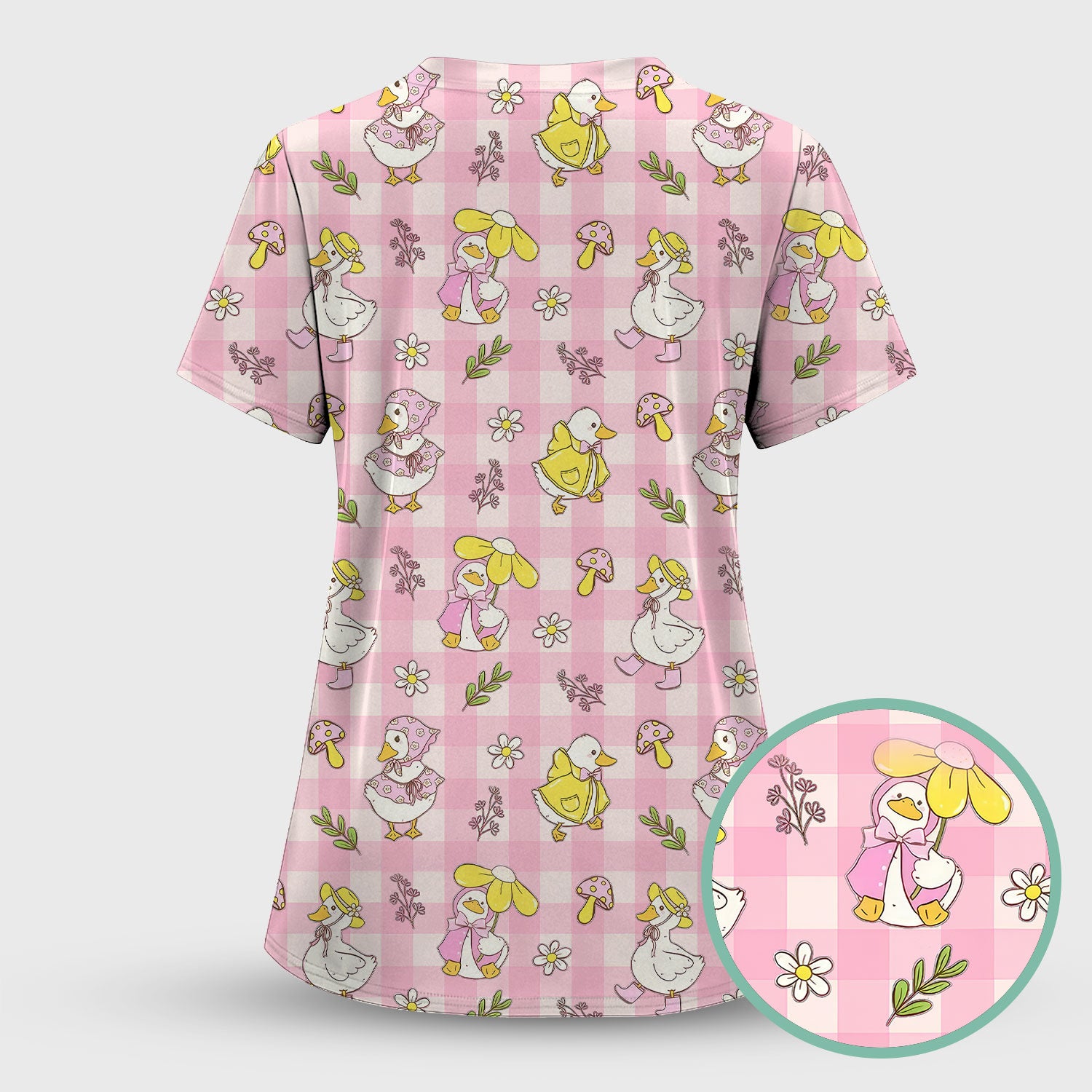 Cute Duck Outfit Gingham Pattern Scrub Top, Comfortable Scrubs for Nurses
