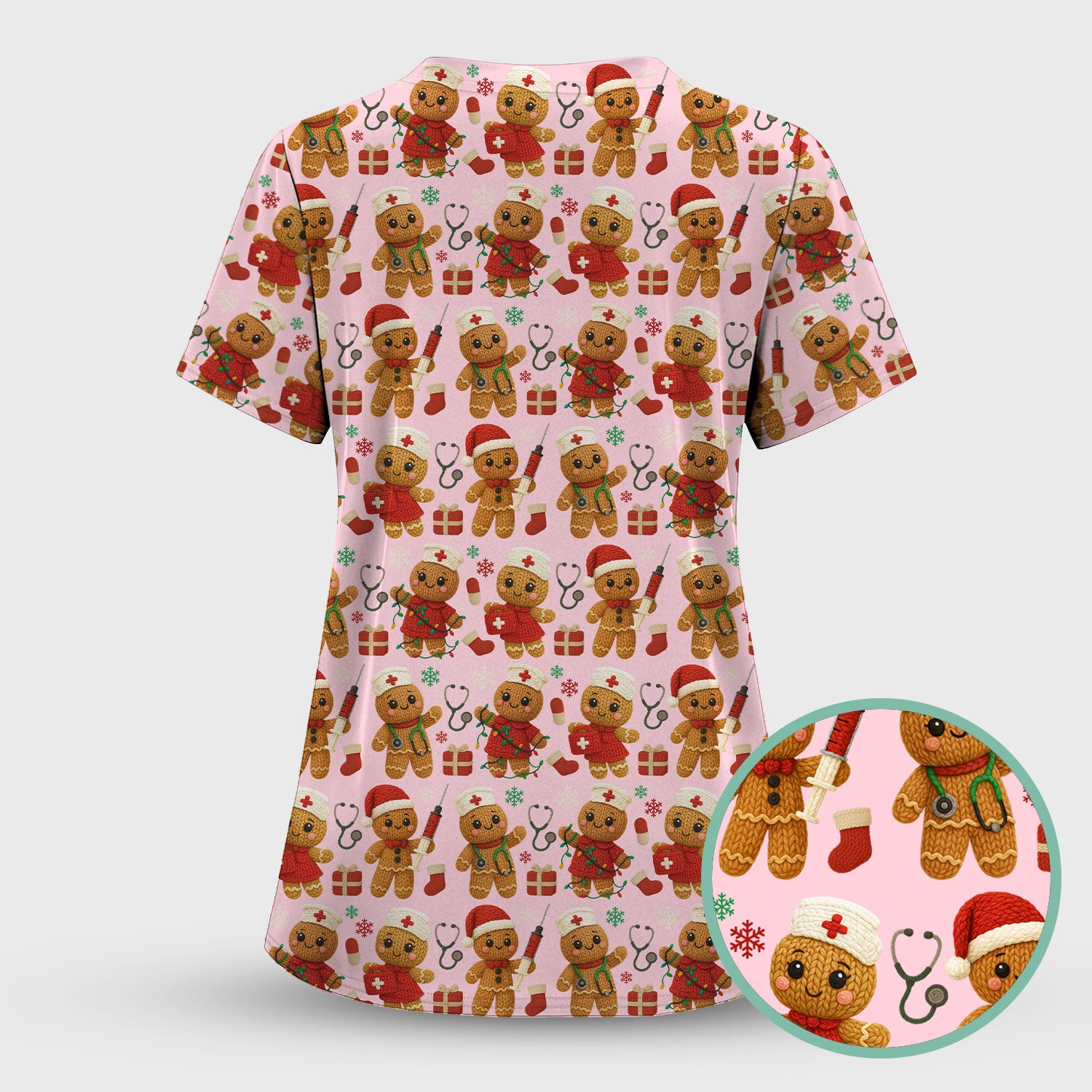 Cute Gingerbread Nurse Scrubs for Women - Christmas Pattern Scrub Top & Pants - Festive Holiday Scrubs with Charming Gingerbread Design
