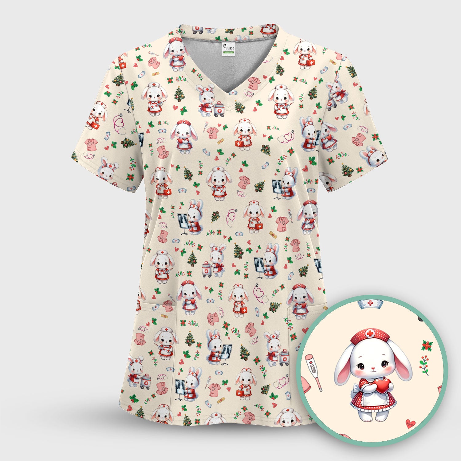 Cute Bunny Scrub Top for Nurse - Adorable Christmas Rabbit Shirt - Funny Holiday Medical Shirt Gift for Women RN LPN CNA