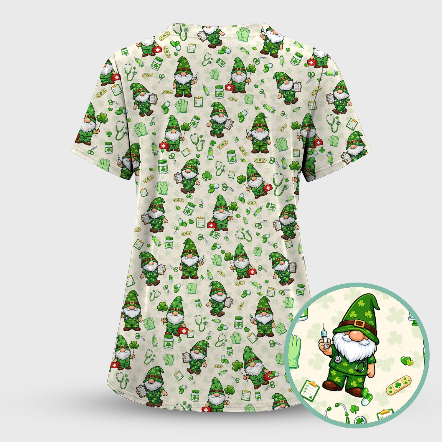 St. Patrick’s Day Nurse Gnome Scrub Top, Green Lucky Medical Pattern Nurse Shirt, Breathable Fabrics Nursing Uniform