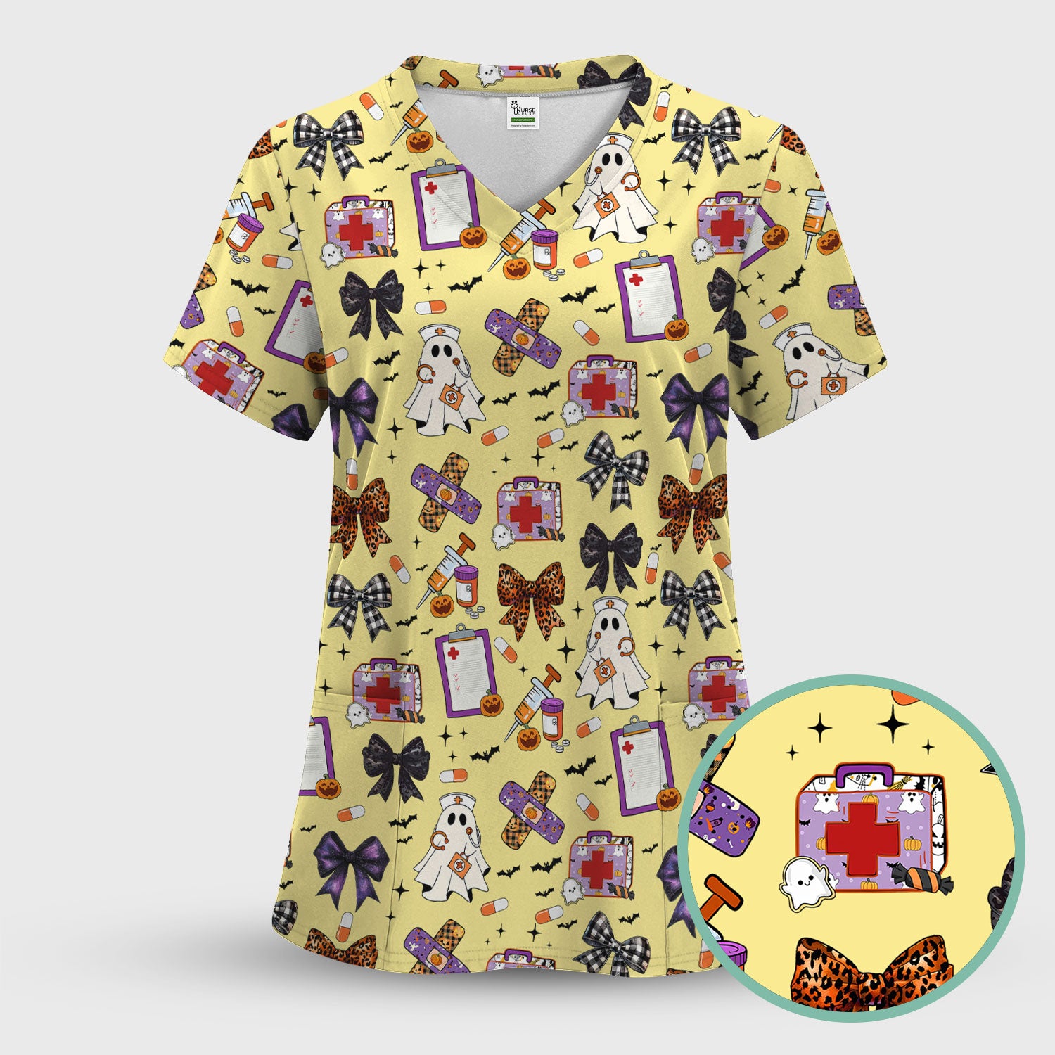 Halloween Nurse Scrub Top - Cute Ghost & Bow Medical Scrubs - Yellow Nursing Shirt with Colorful Halloween Print
