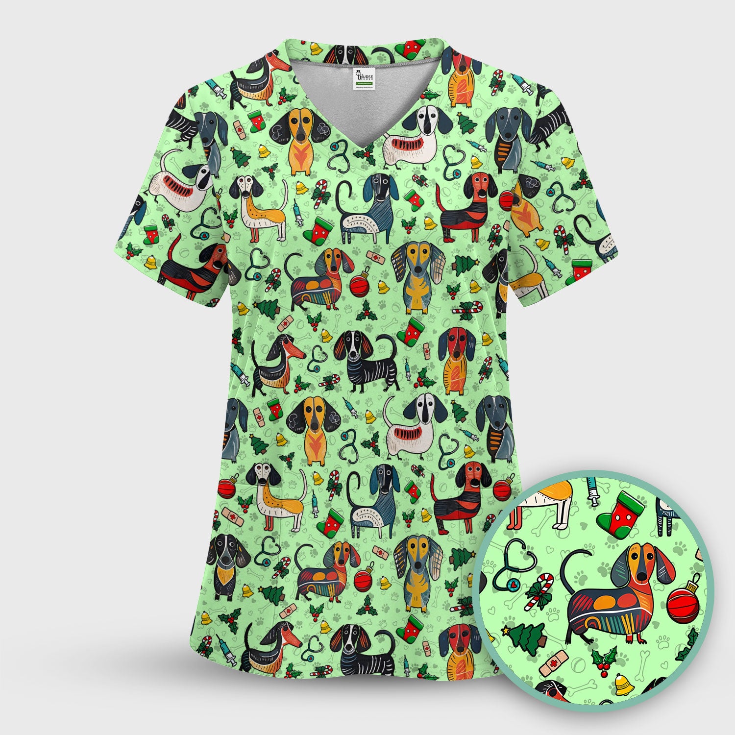 Dachshund Christmas Scrub Top - Cute Wiener Dog Nurse Uniform for Women - Holiday Medical Shirt