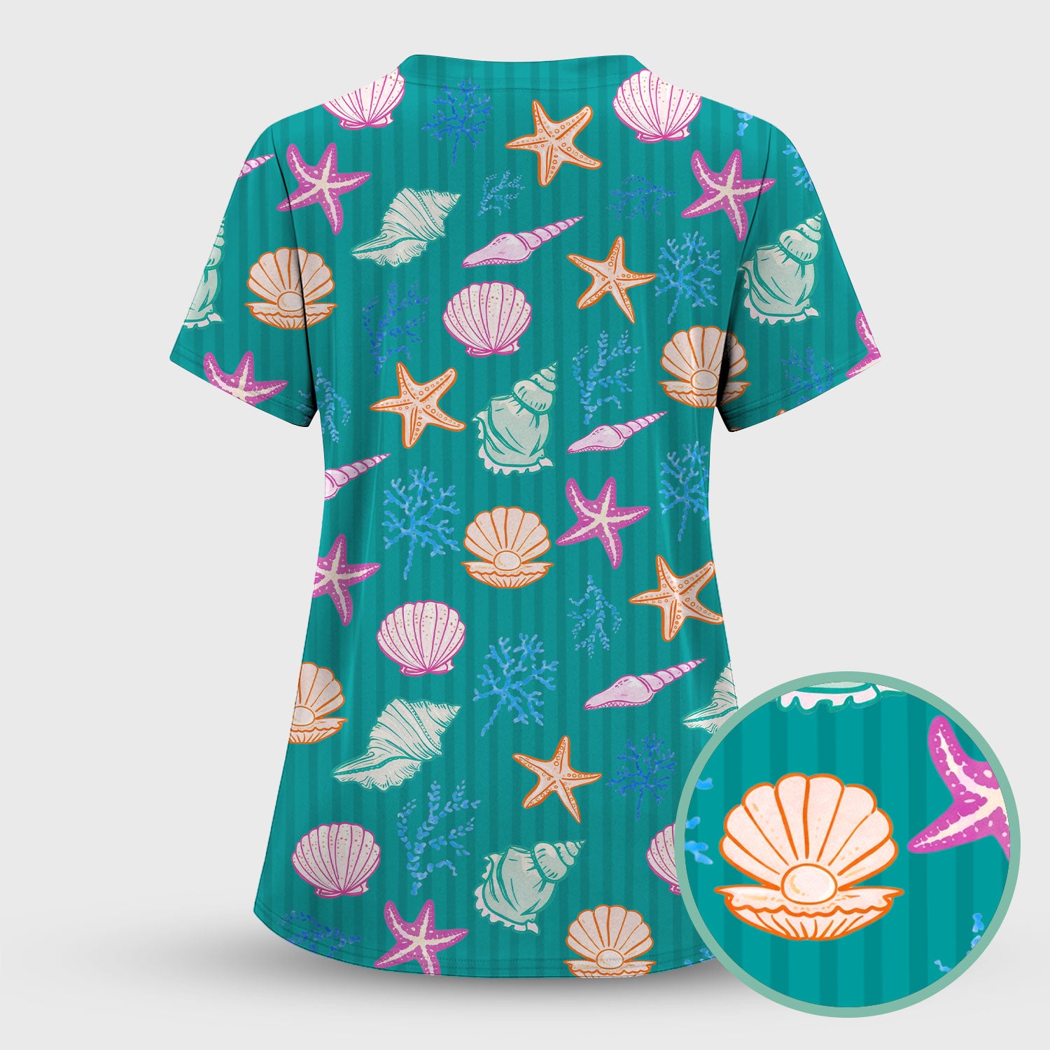 Colorful Seashell Starfish Ocean Stripe Pattern Scrub Top, Breathable Fabrics Nursing Uniform