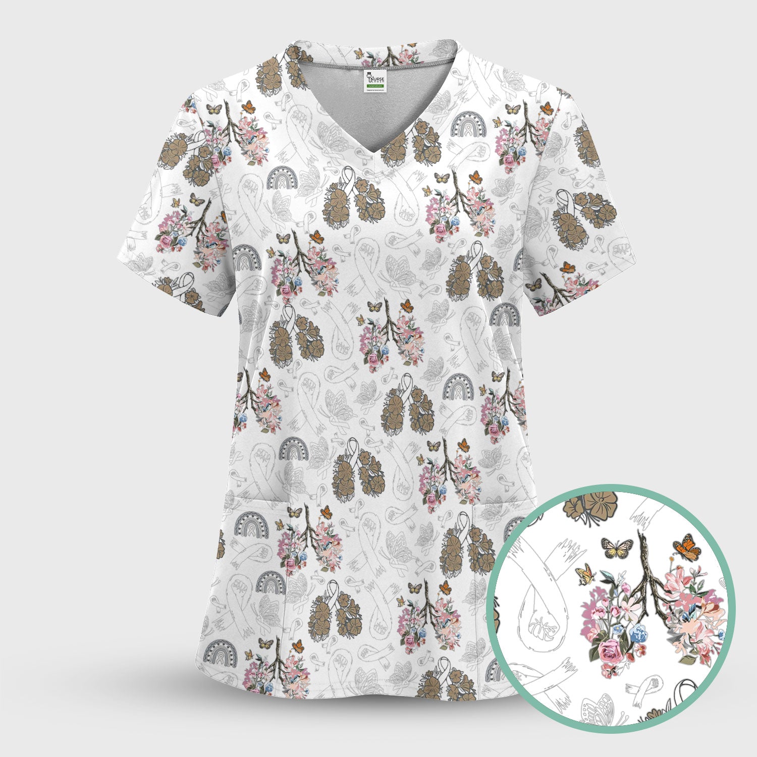 Lung Cancer Awareness Scrub Sets for Nurse - White Ribbon Butterfly Floral Scrub Pants and V Neck Top - Breathable Med Uniform for Women