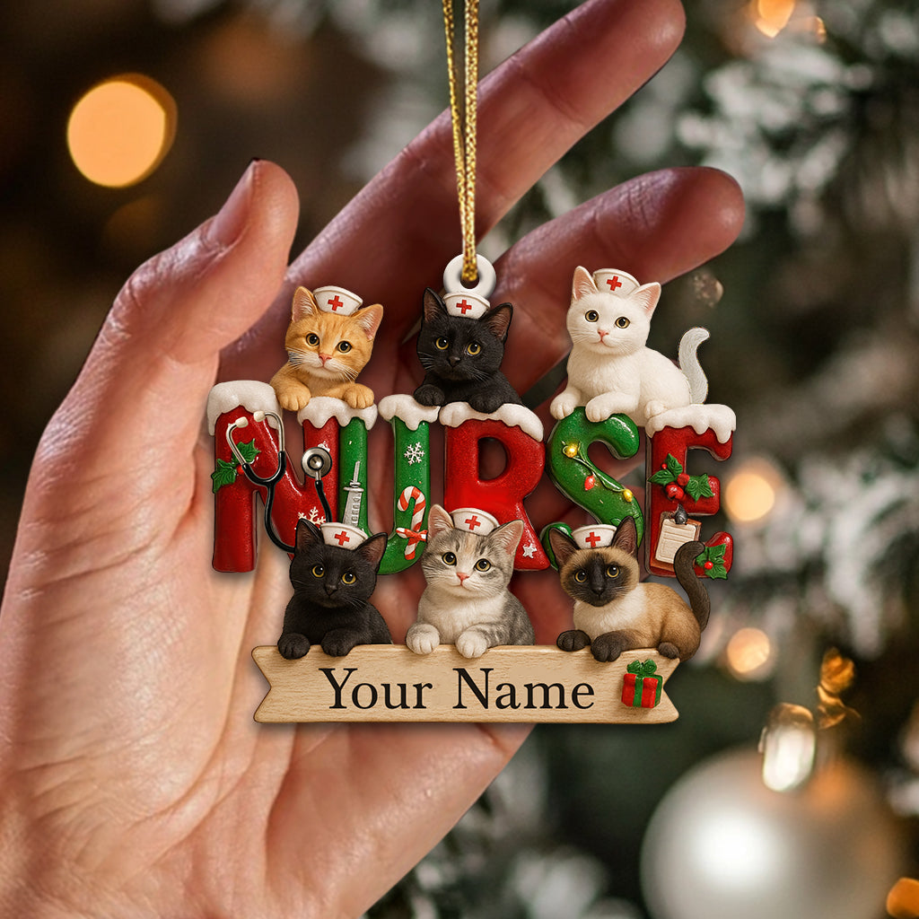 Personalized Nurse Cat Ornament – Custom Name Kitty RN Christmas Decor – Cute Feline Medical Holiday Gift for Cat Lovers
