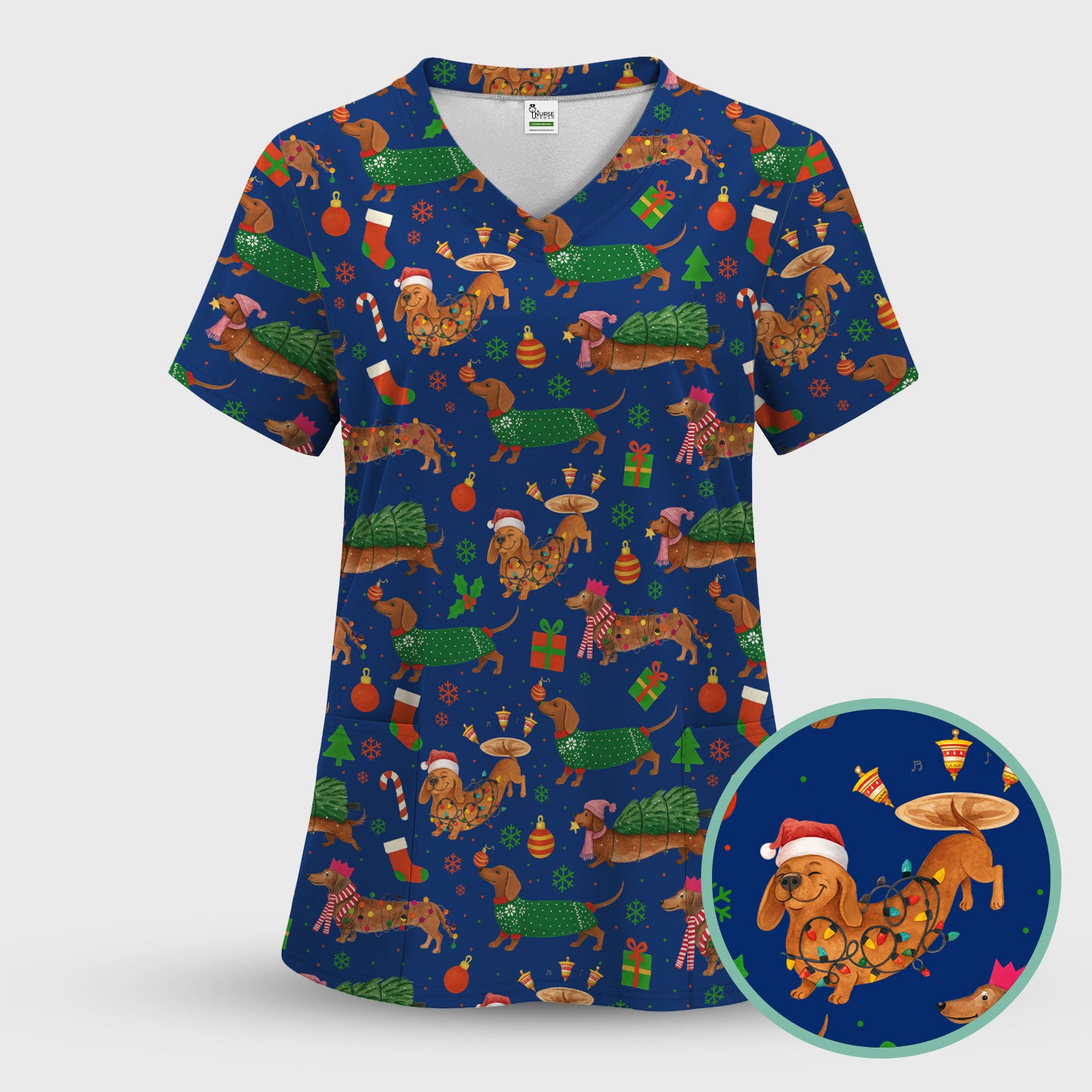 Dachshund Christmas Scrub Shirt - Multi Color Dog Print Scrubs - Funny Holiday Scrubs Gift for Women Men, Nurse, CNA, RN