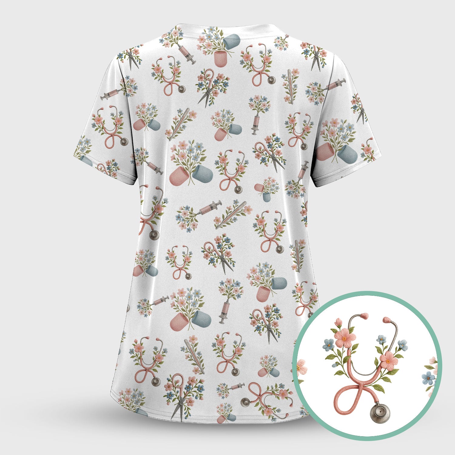 Floral Medical Scrub Set, Elegant Stethoscope With Flower Nursing Shirt, Breathable Fabrics Nurse Uniform