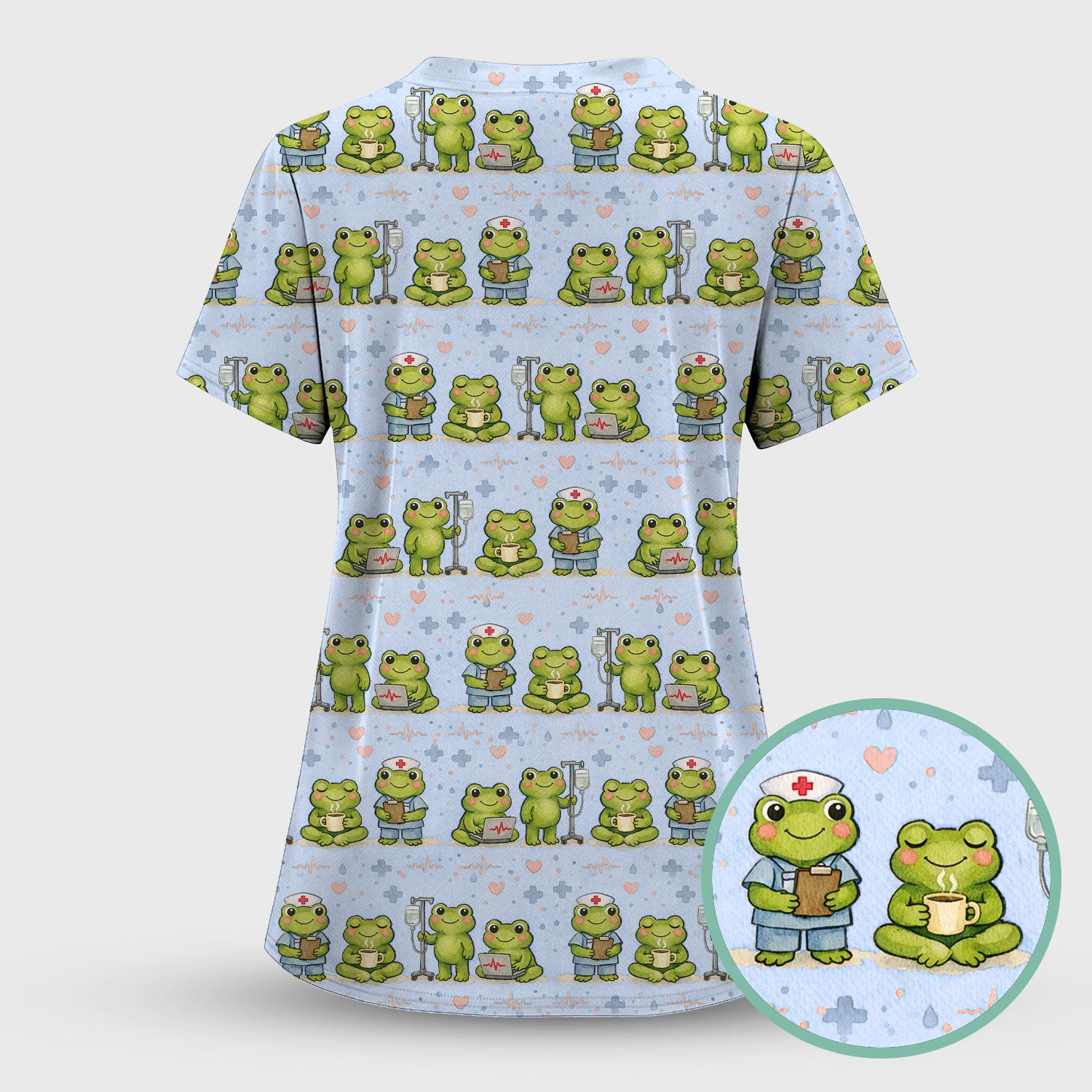 Adorable Frog Nurse Various Poses Print Scrub Top, Comfortable Scrubs for Nurses